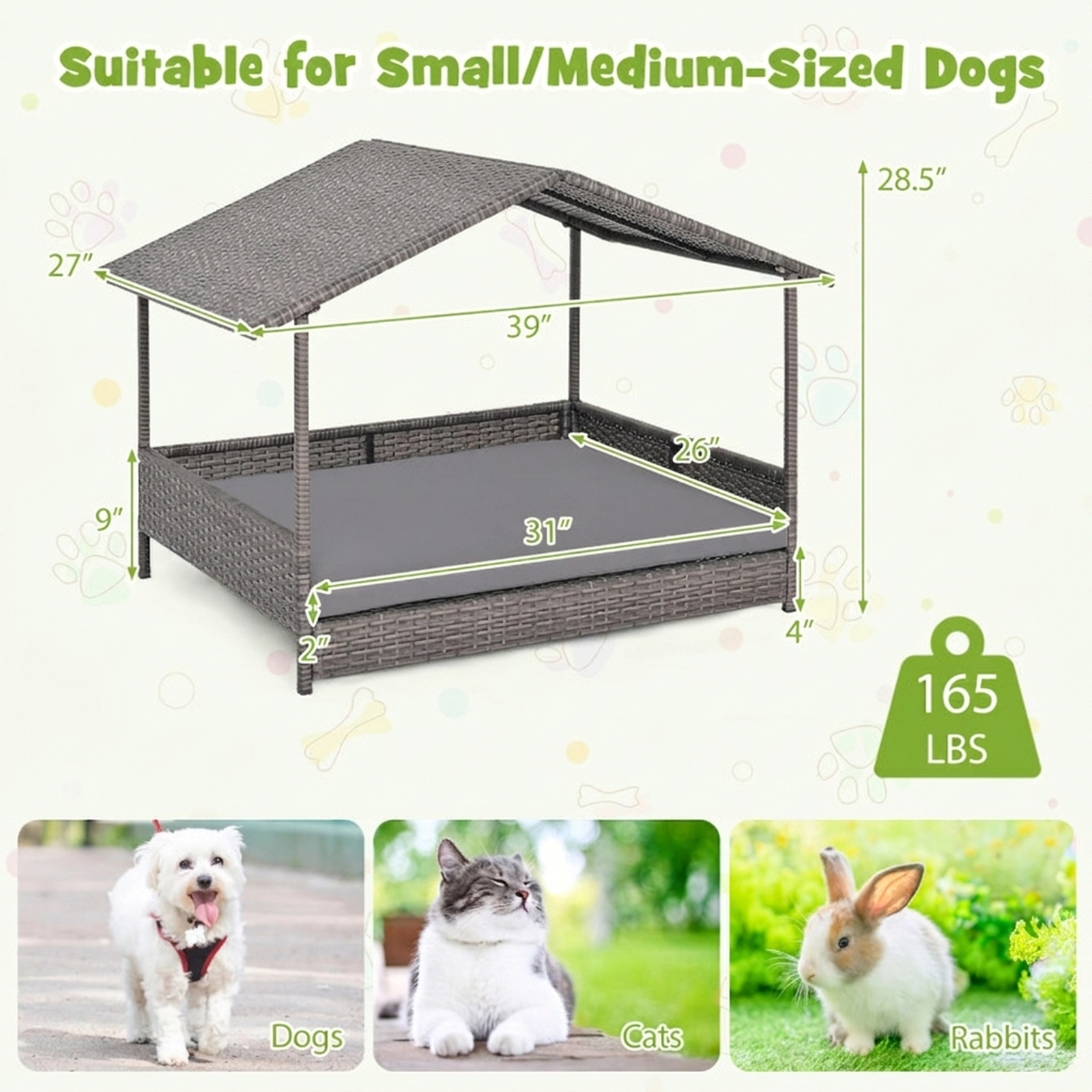 SUGIFT Wicker Dog House Elevated Pet Bed with Roof Canopy 165-lb Capacity Gray
