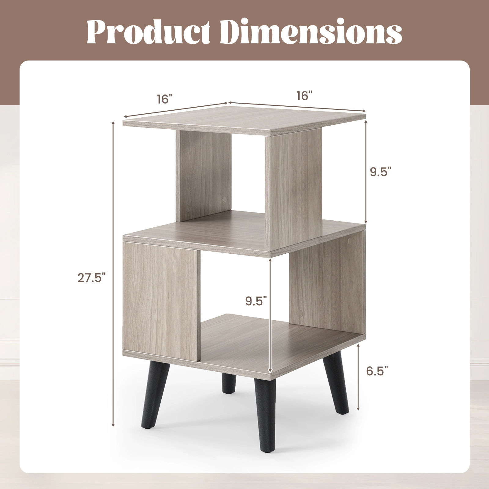 Slickblue 2 Piece End Table Set 16 Inch Square Nightstand with 2 Open Shelves Grey