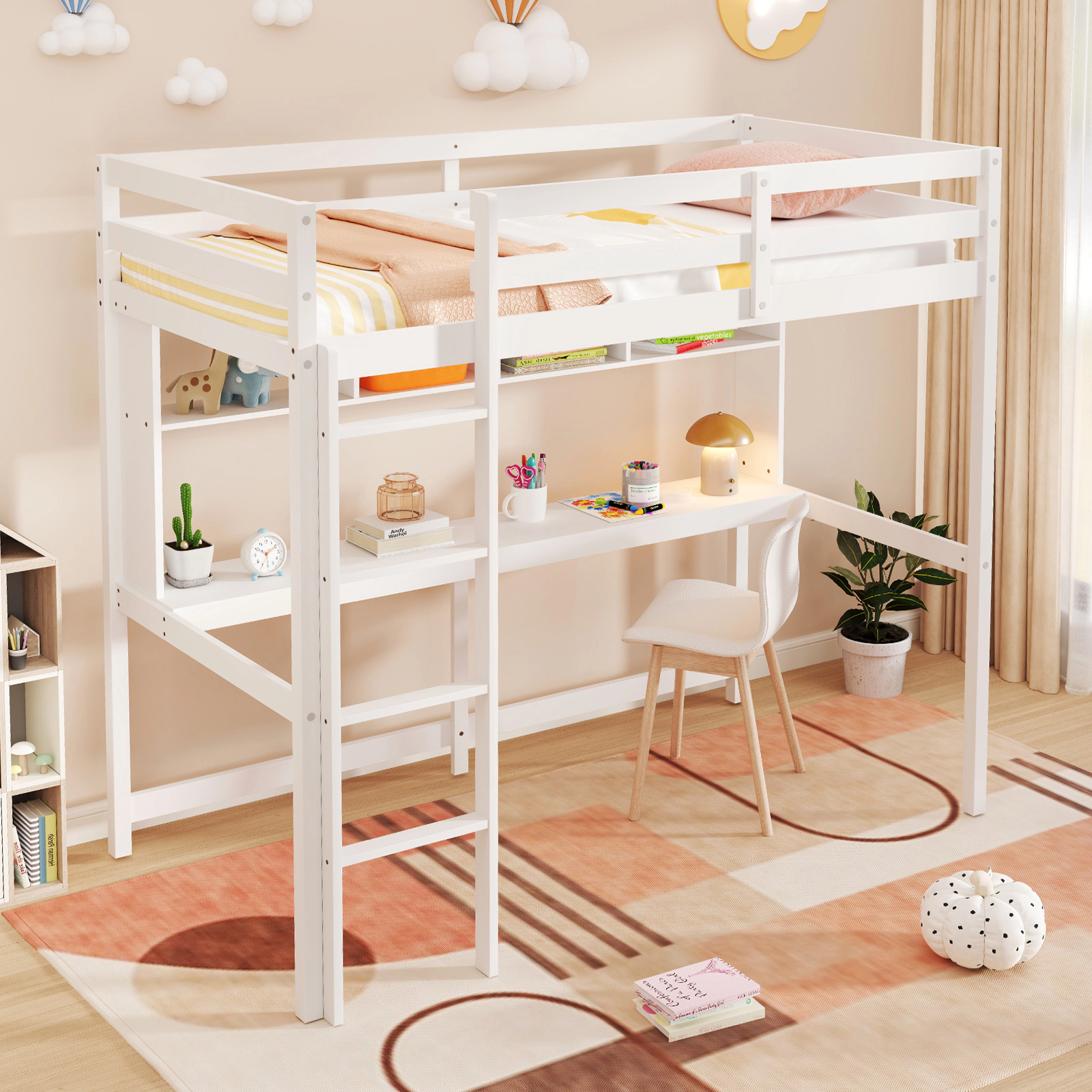 SUGIFT Twin Loft Bed with Desk and Shelves, White Pine Frame, 250-lb Capacity