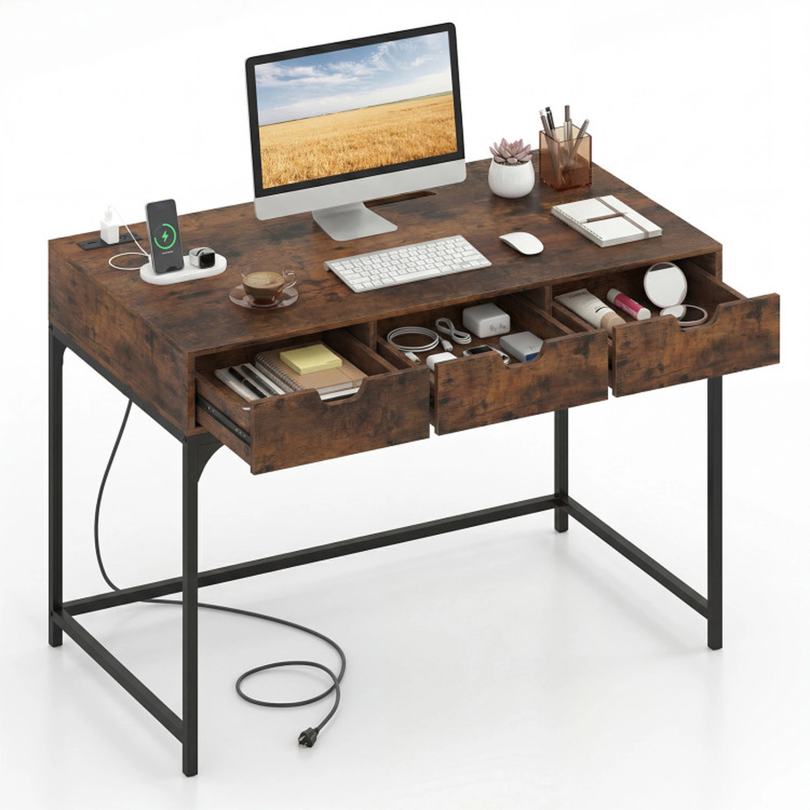 SUGIFT Rustic Brown Power Outlets 3 Drawers and Hidden Storage Compartment 43.5 Inch Office Desk