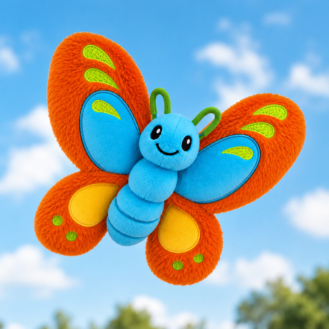 Auswella Plush® Orange & Blue Butterfly Plush – Interactive Flying Stuffed Animal with Finger Band
