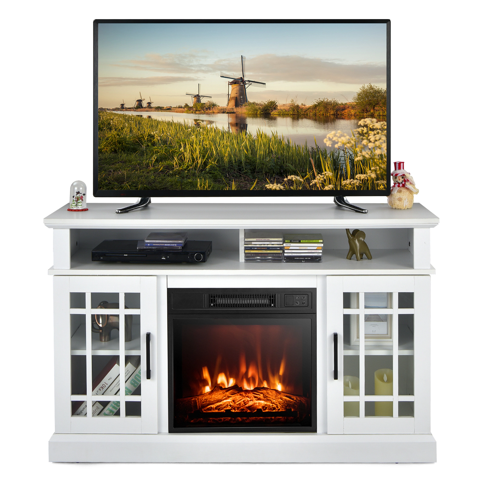 SUGIFT 48-In White Electric Fireplace TV Stand for TVs Up to 50 In, Adjustable Shelves