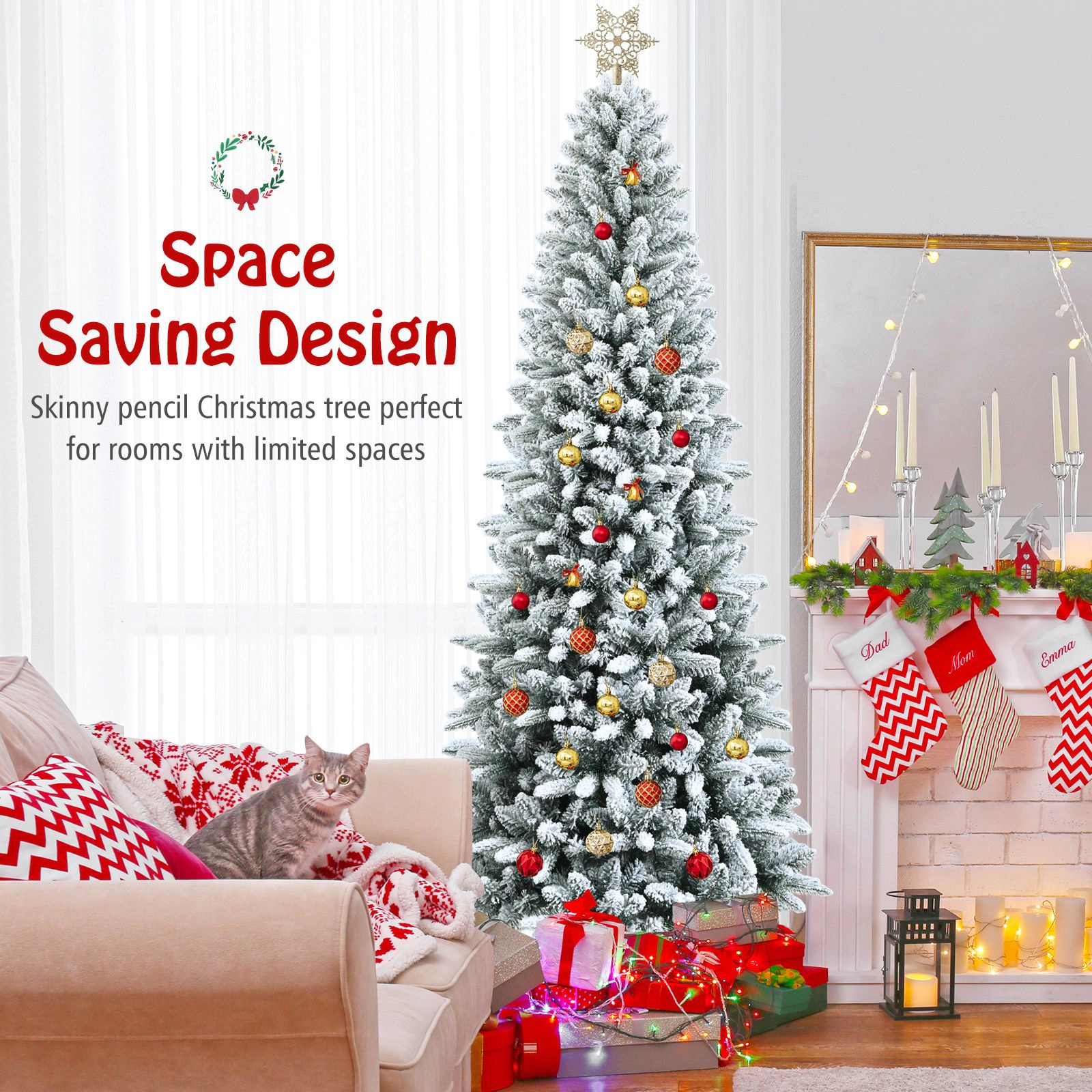 SlickBlue Narrow Holiday Tree with Snowy Branches for Indoor Seasonal Decoration