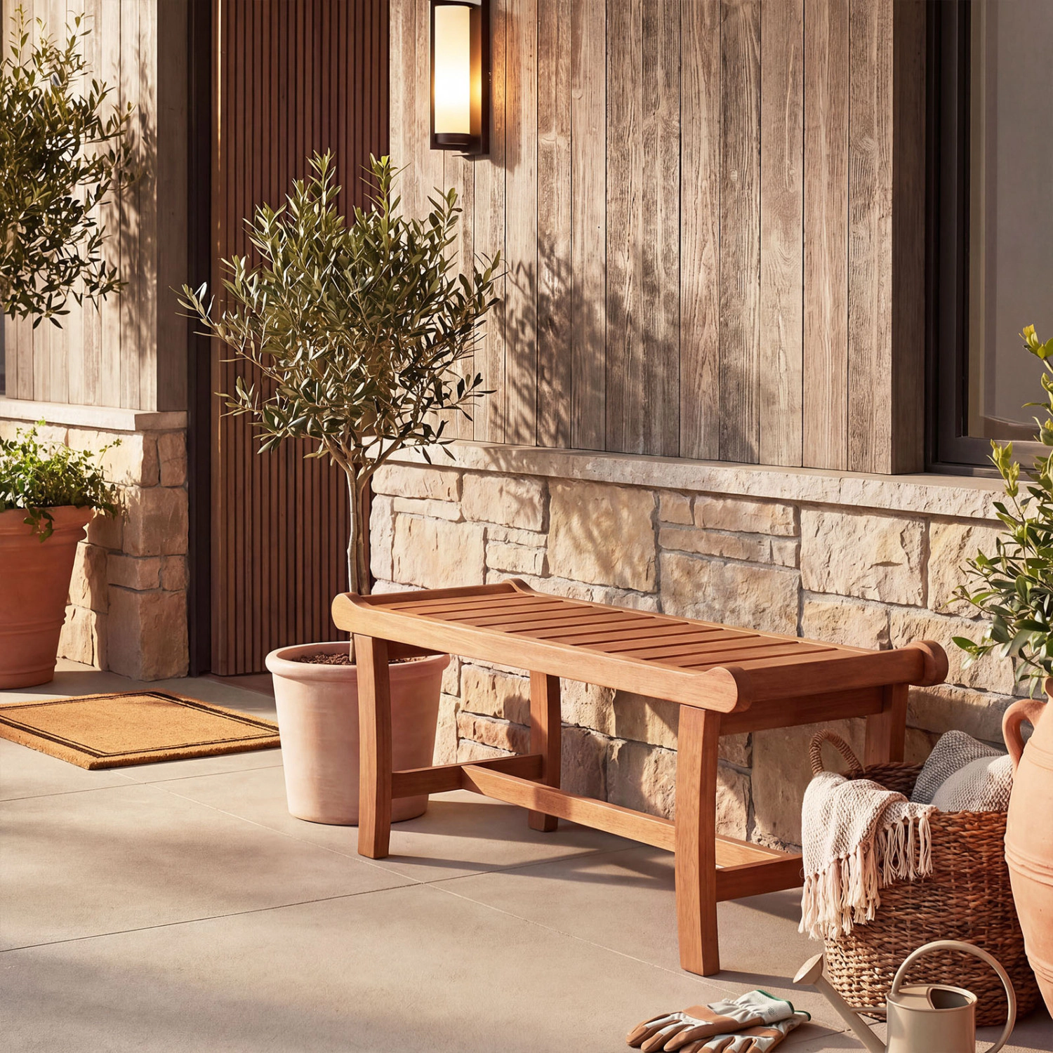 LJG 2-Person Outdoor Wood Bench with Slatted Seat and Raised Edges