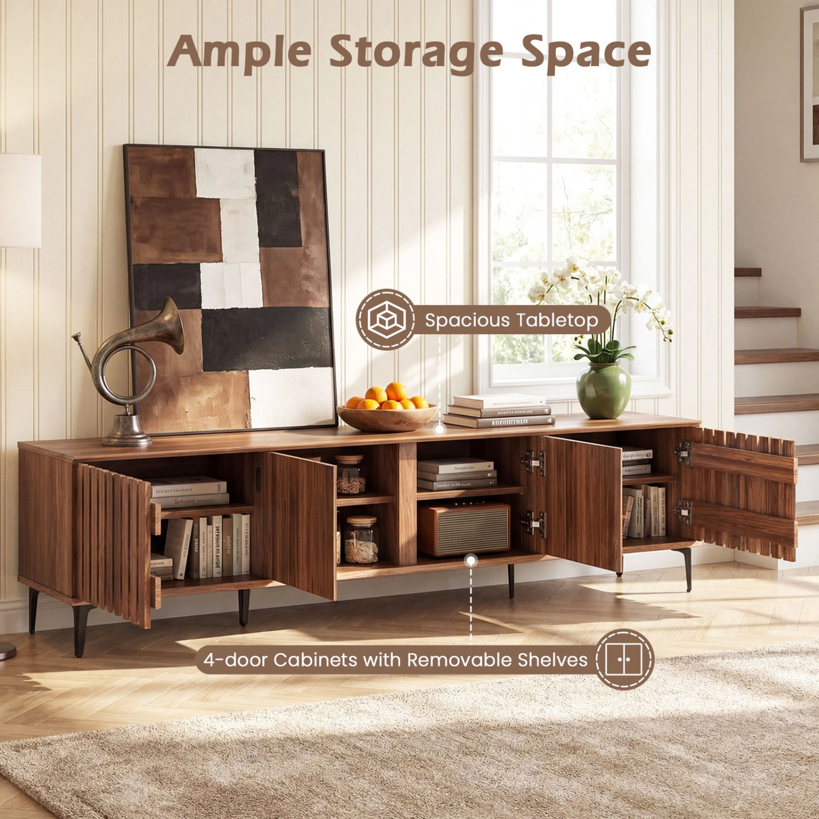 SUGIFT Mid Century Modern Entertainment Center TV Stand with 4 Storage Cabinets 71-in Wide 190-lb Tabletop Walnut