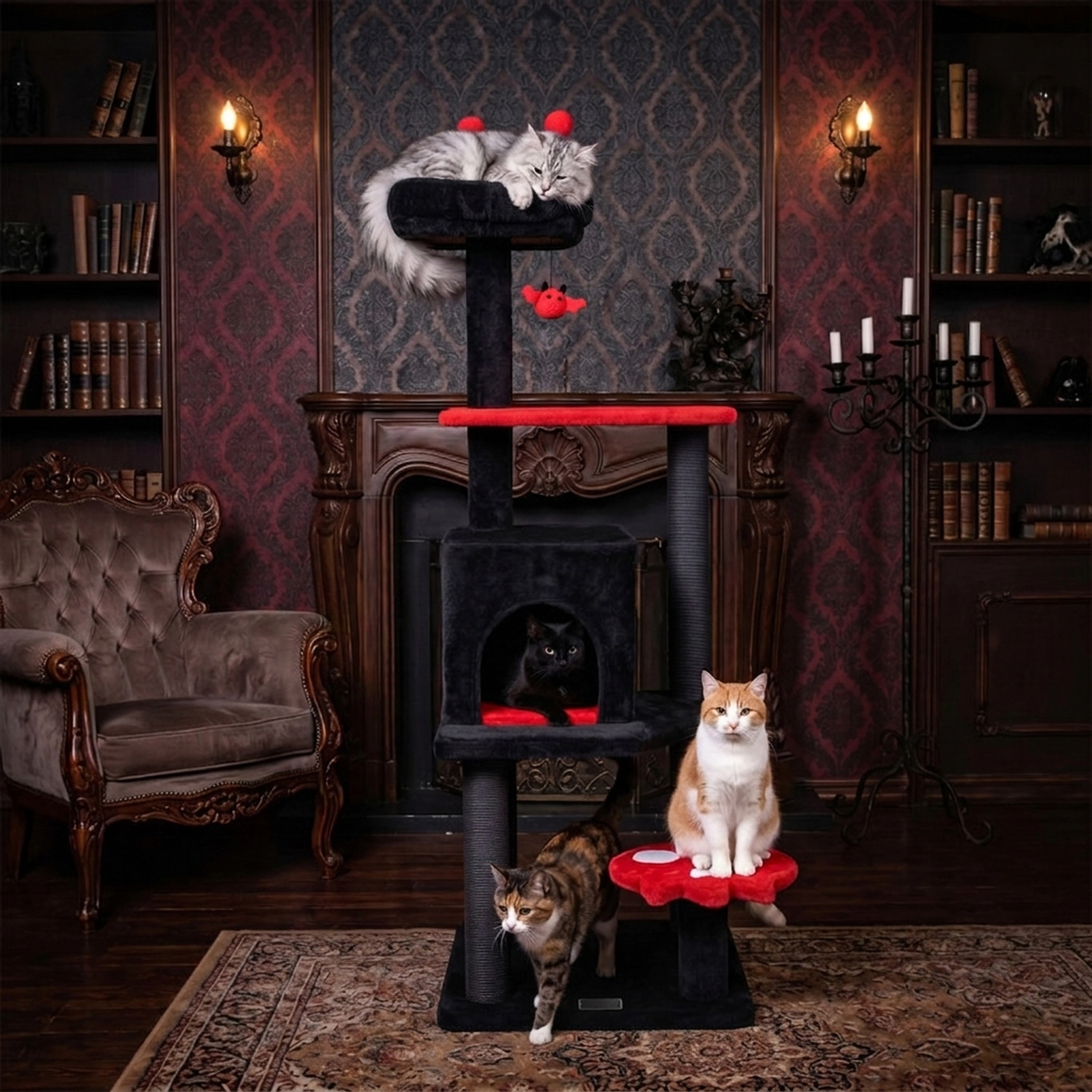 SUGIFT 57-in Gothic Spooky Cat Tree Tower with Padded Perch Condo and Spider Hanging Toy 22-lb Capacity Red and Black