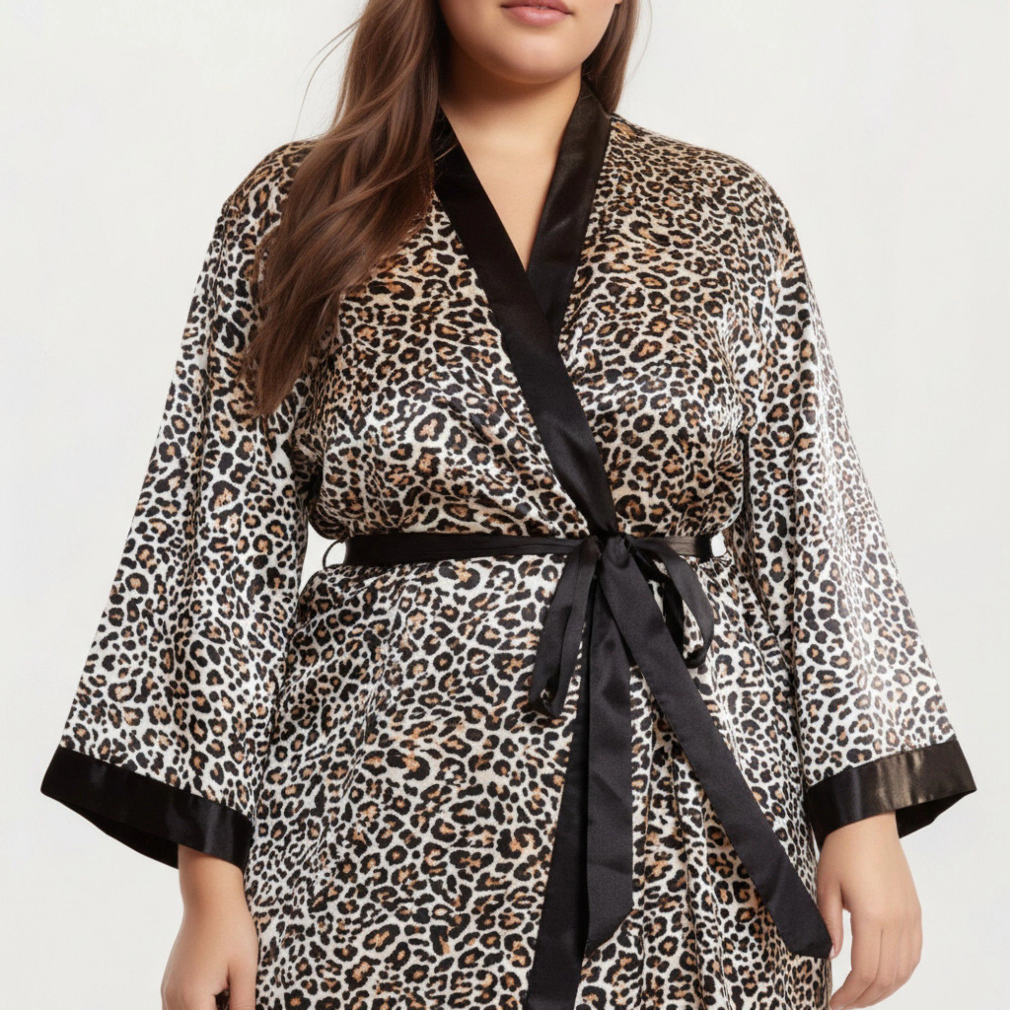 Anna-Kaci Women's Leopard Print Satin Robe Contrast Trim Silky Fabric Waist Tie Closure and Flowing Longline Silhouette
