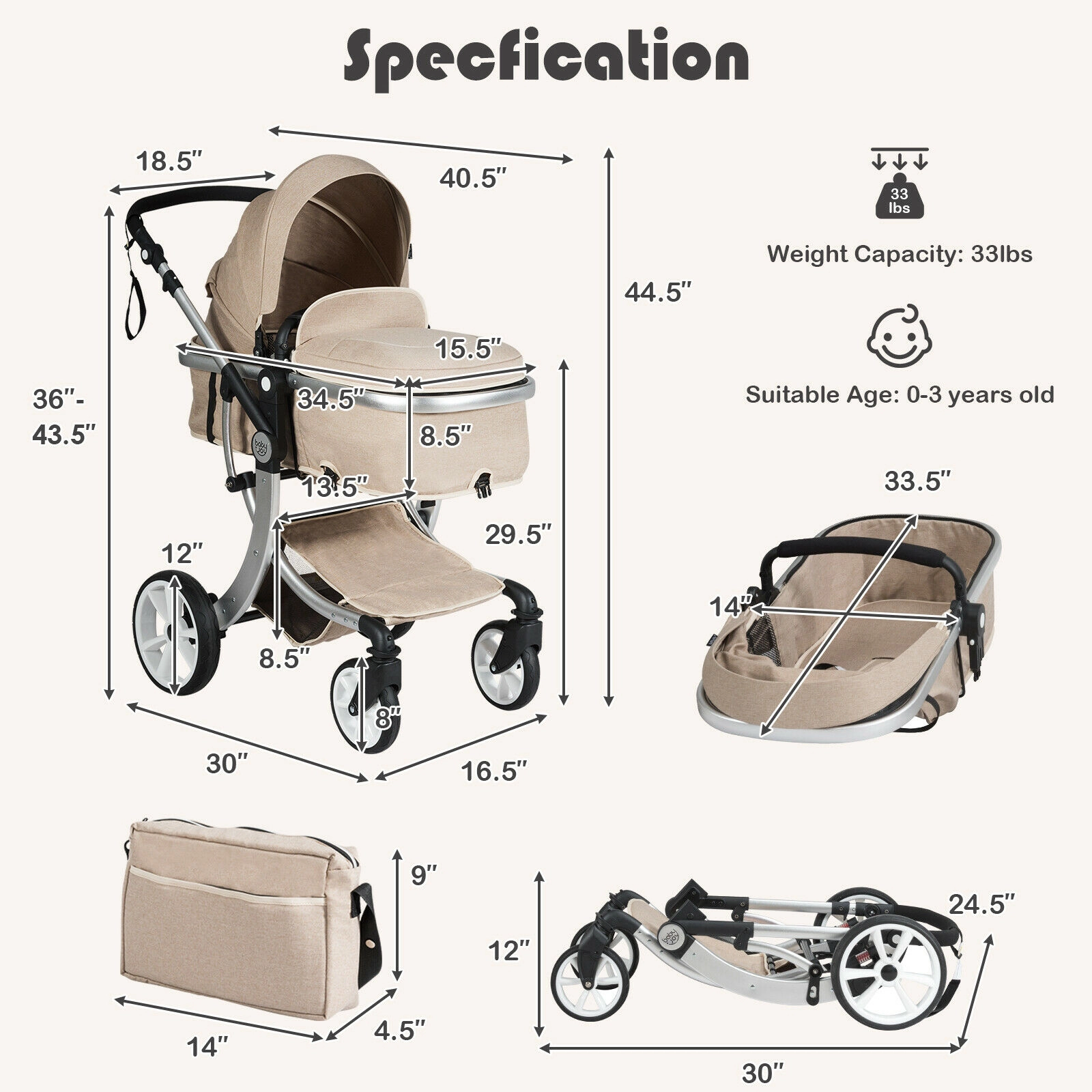 SlickBlue Foldable Infant Stroller with Adjustable Canopy and Safety Harness