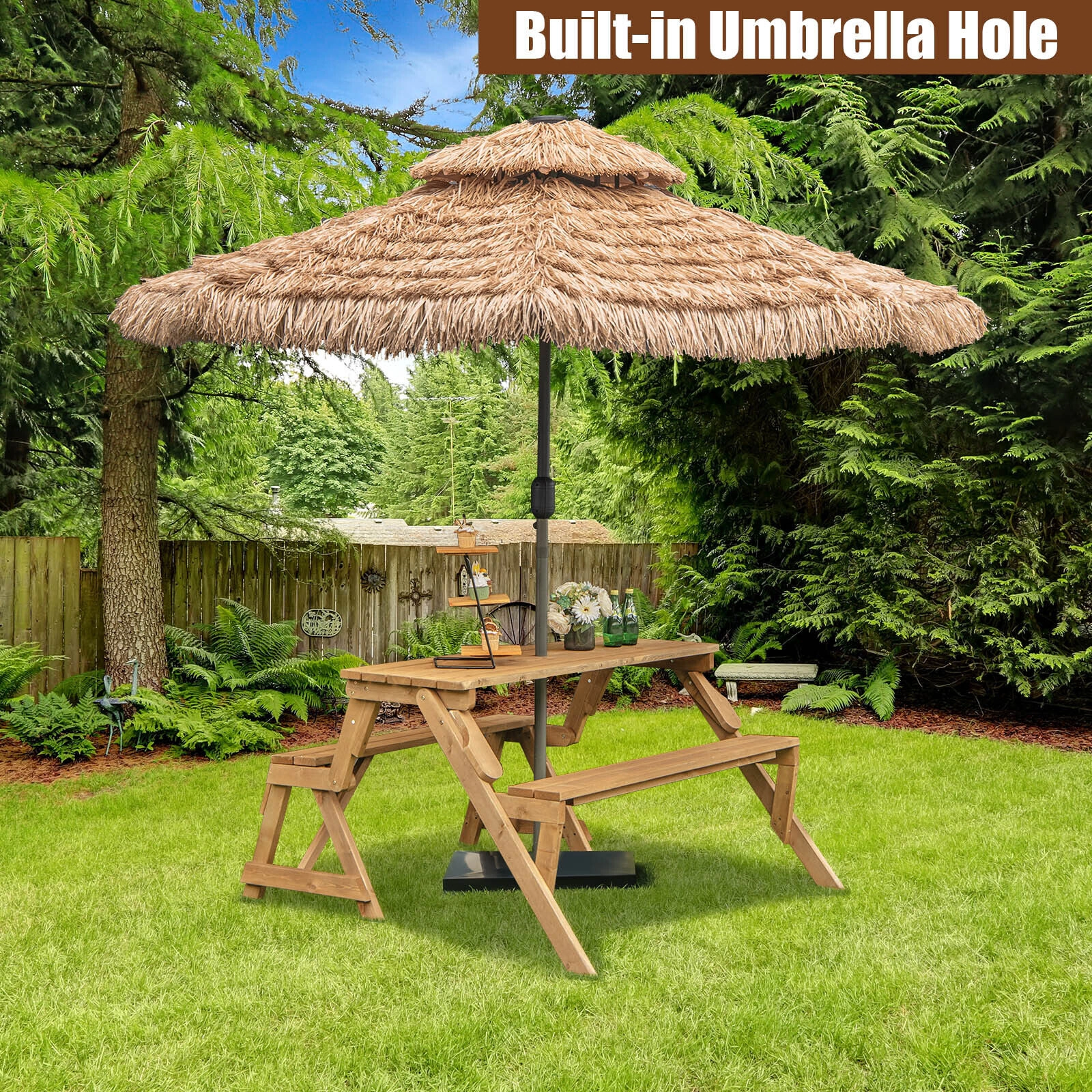 SUGIFT 2-in-1 Convertible Fir Wood Picnic Table and Garden Bench, Dark Brown, Umbrella Hole
