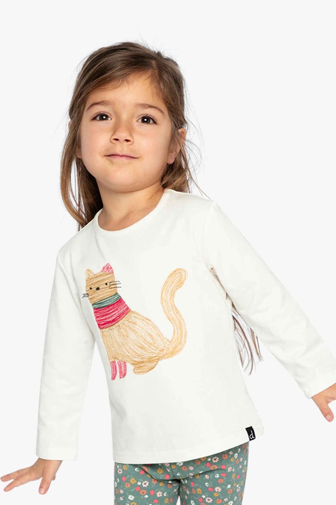 Deux par Girls Embroidered Cat Organic Cotton Long Sleeve T-Shirt