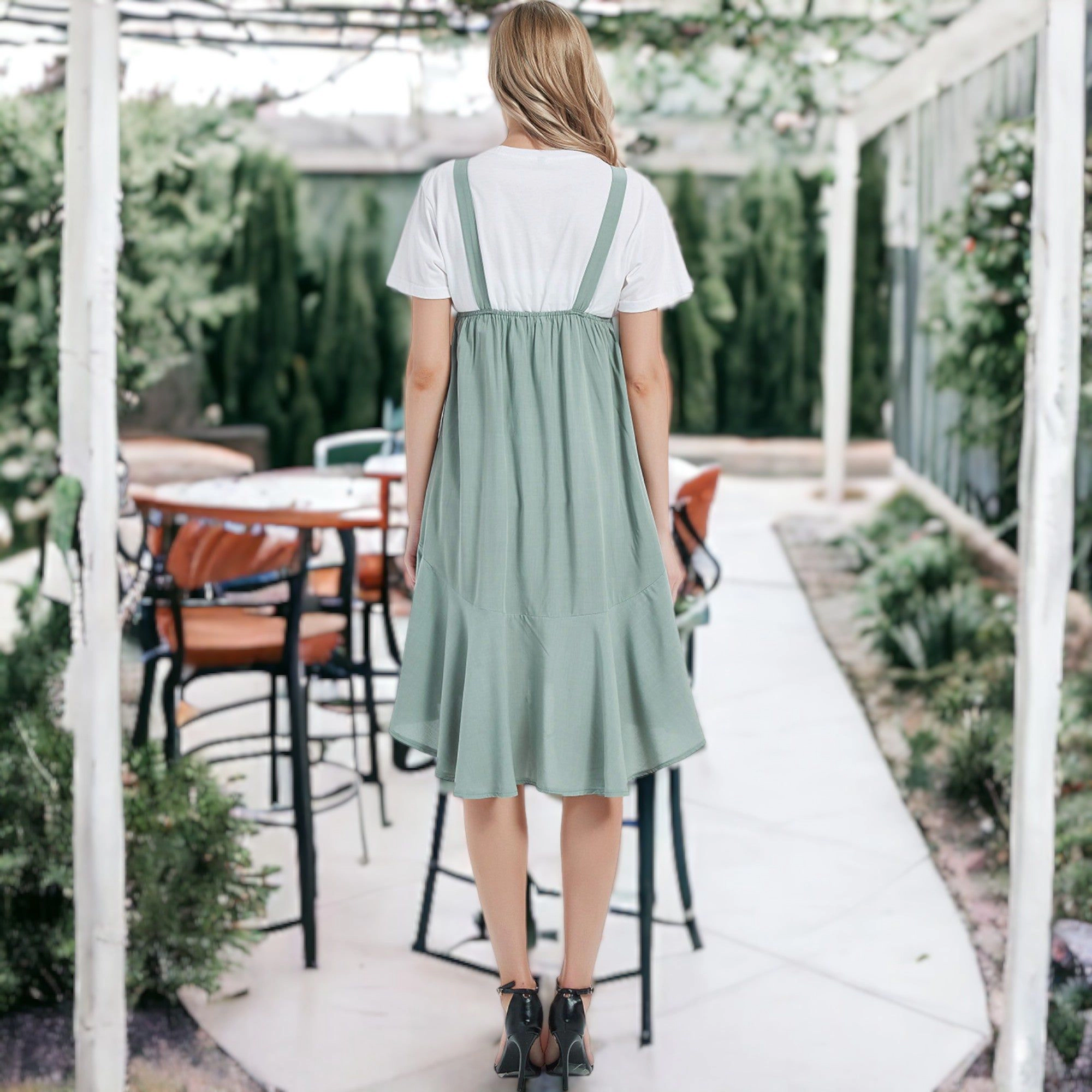 Anna-Kaci Women's Sleeveless Button Front High Low Ruffle Apron Dress