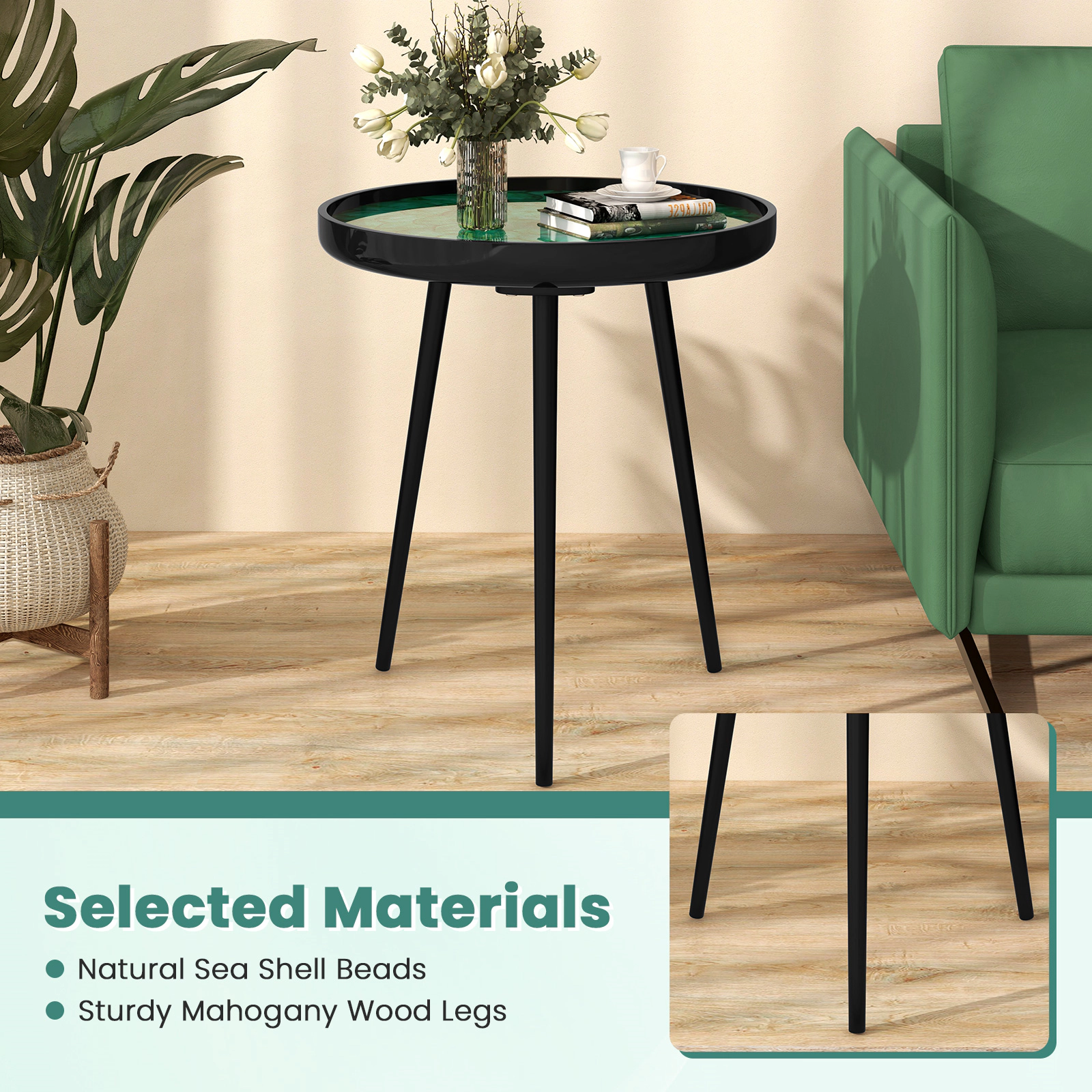 Glintex 20-Inch Handmade Sea Shell End Table with Epoxy Resin Top and Mahogany Legs, Green