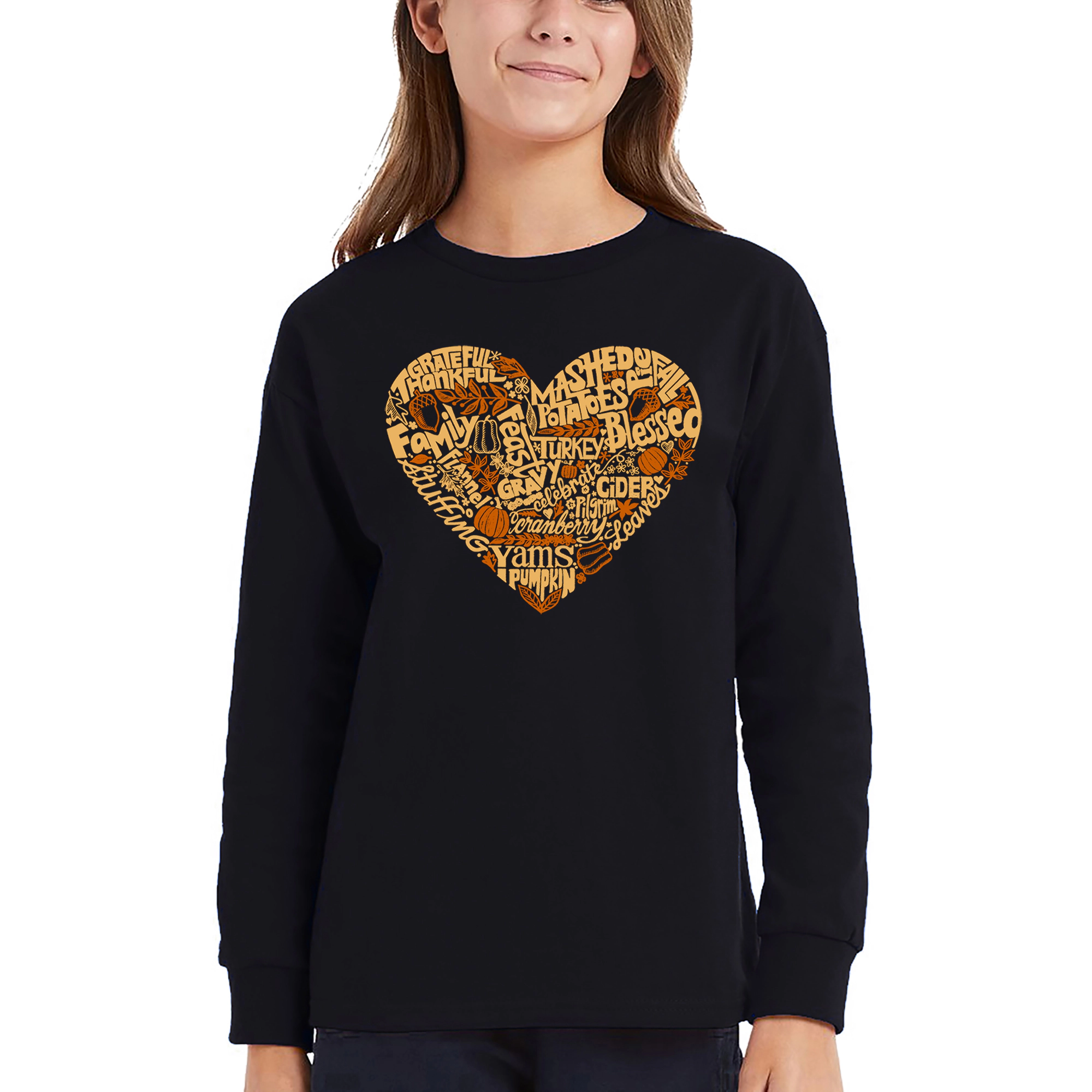 LA Pop Art Girls Long Sleeve Word T-Shirt - Thanksgiving Heart