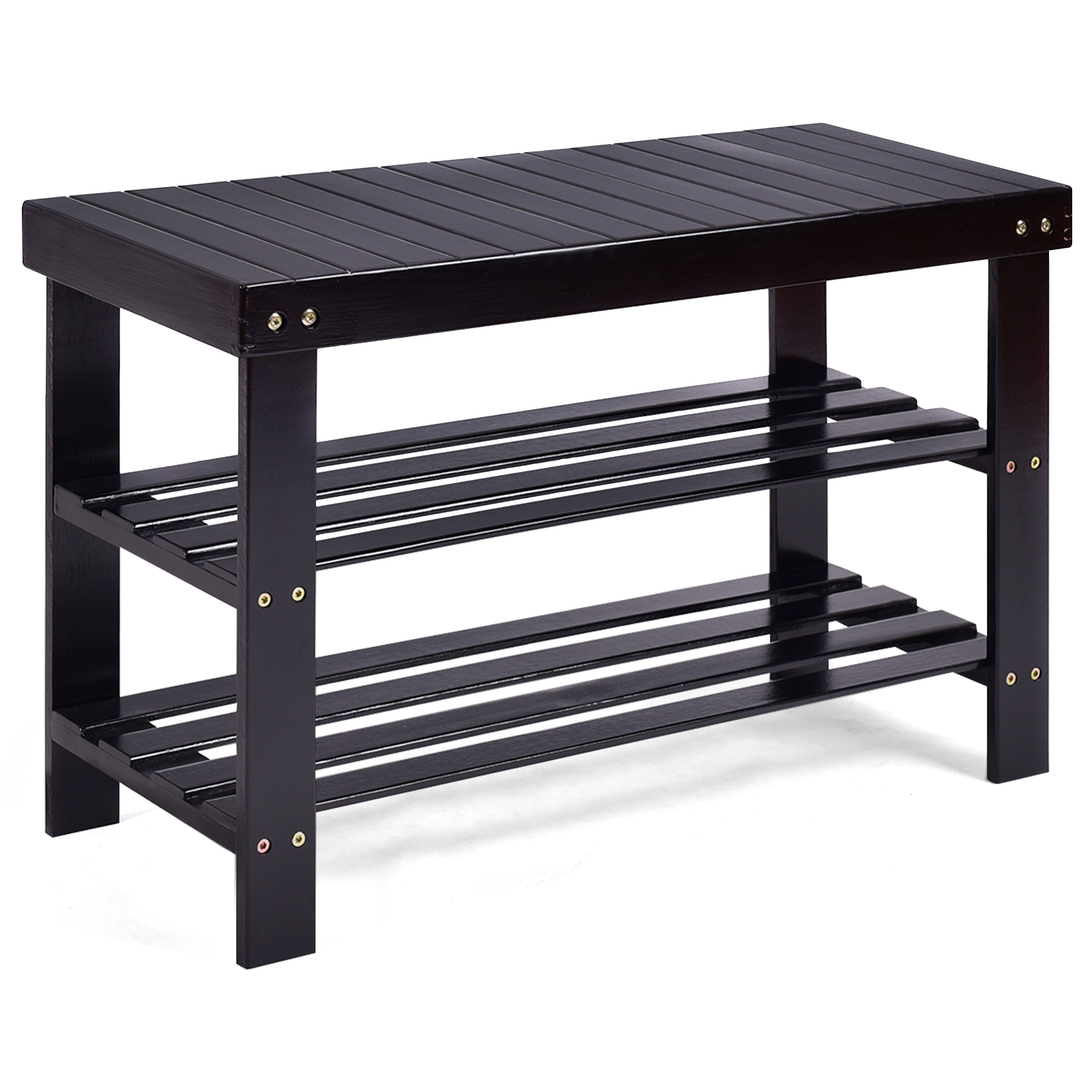 SUGIFT 3-Tier Black 27.5-in 220-lb Capacity Bamboo Shoe Rack Bench with Storage Shelf for Entryway