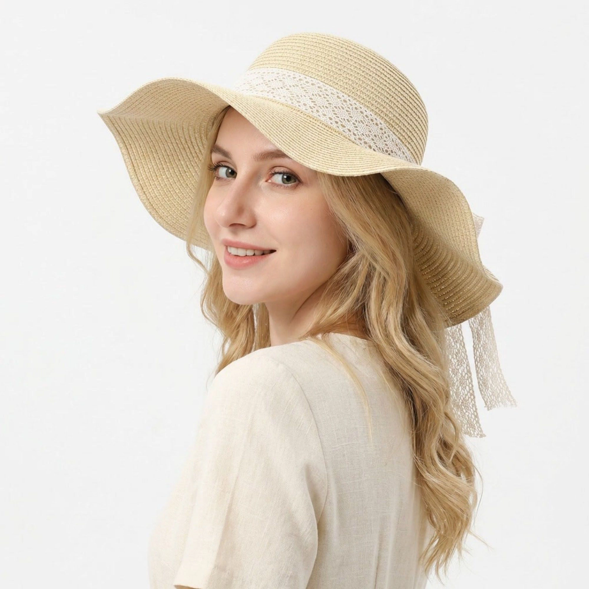 Women's Wide Brim Straw Sun Hat Lace Ribbon Tie Lightweight Summer Beach