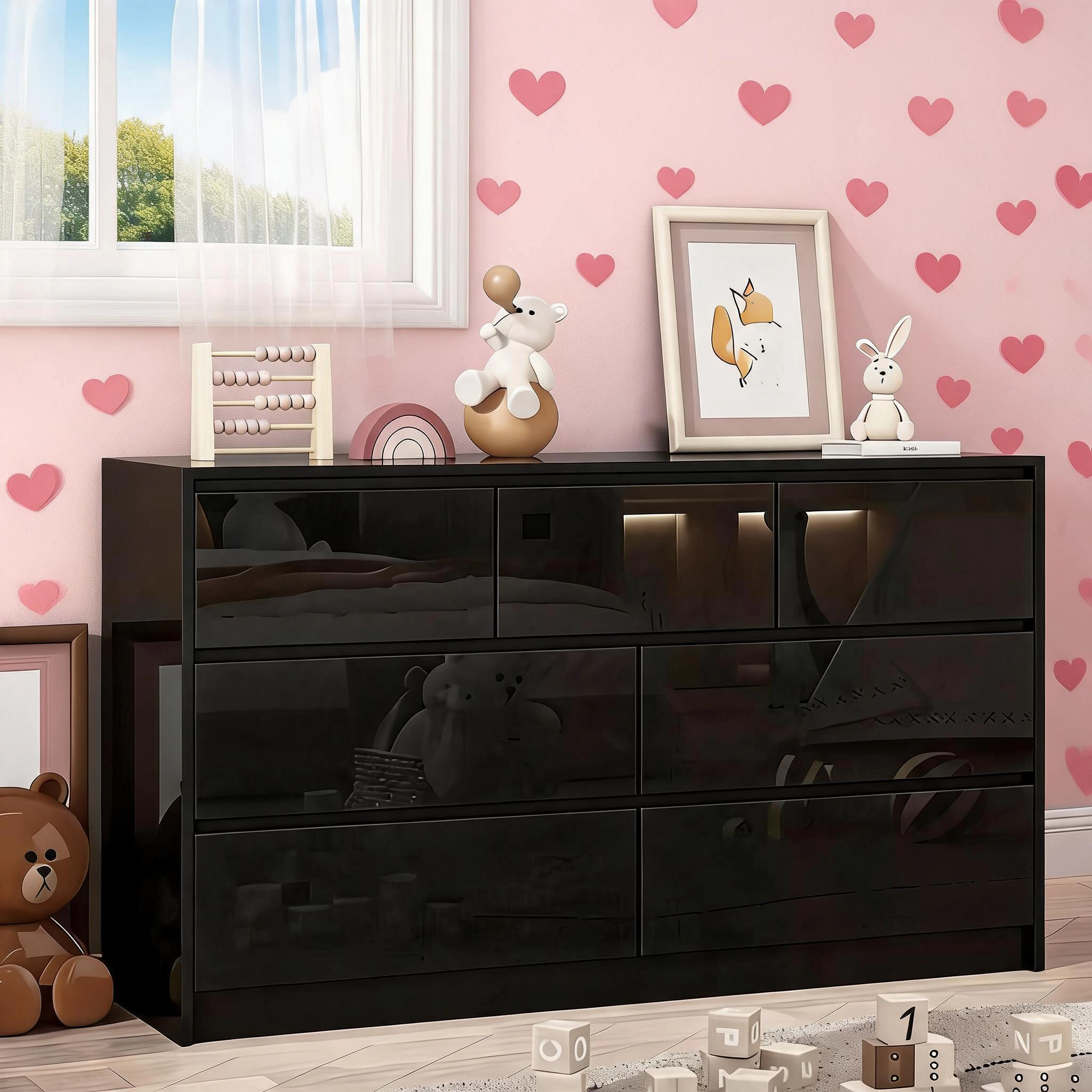 55" Full High Gloss Dresser with 7 Drawers, Modern Wide Storage Chest for Bedroom