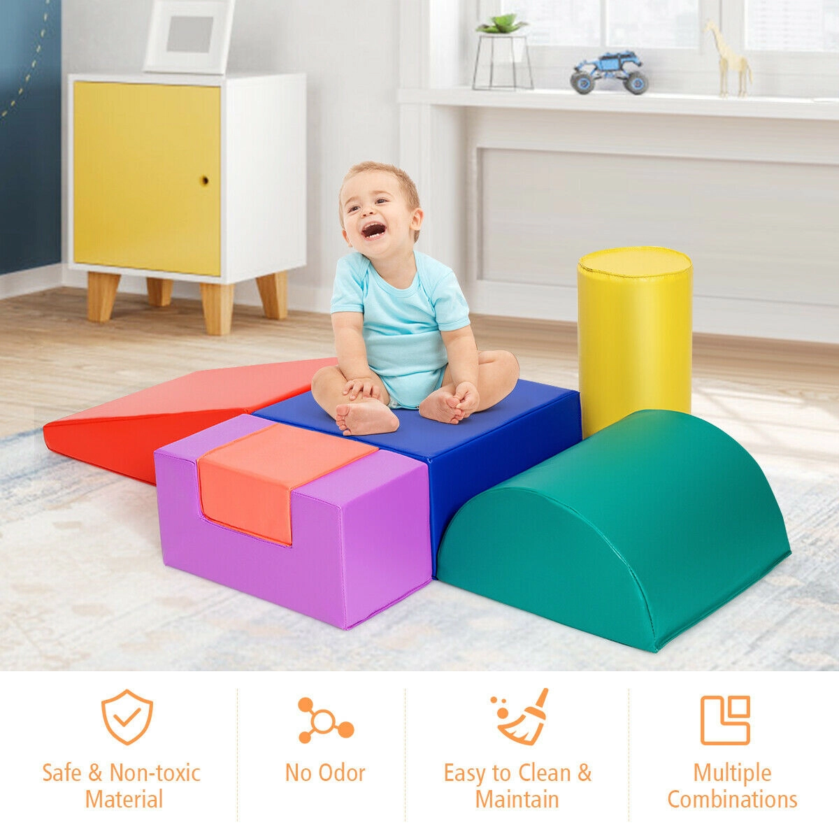 SUGIFT 6-Piece Foam Climb and Crawl Play Set with Waterproof PU Covers and Reconfigurable Soft Blocks