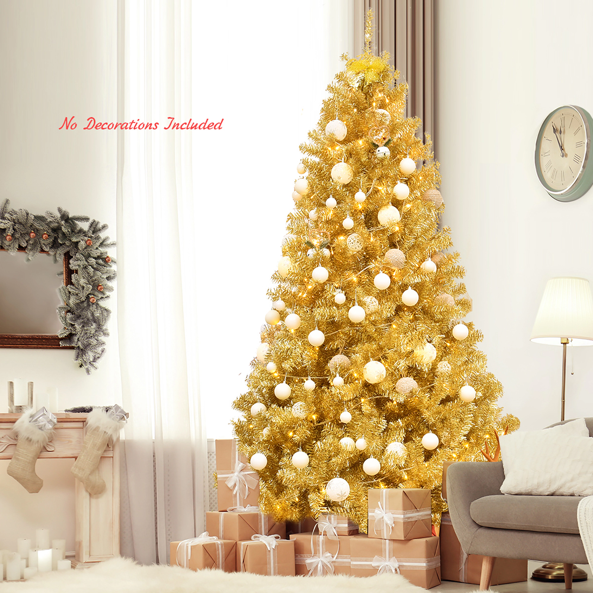 Costway 7.5ft Artificial Tinsel Christmas Tree w/1258 Tips Foldable Stand Champagne