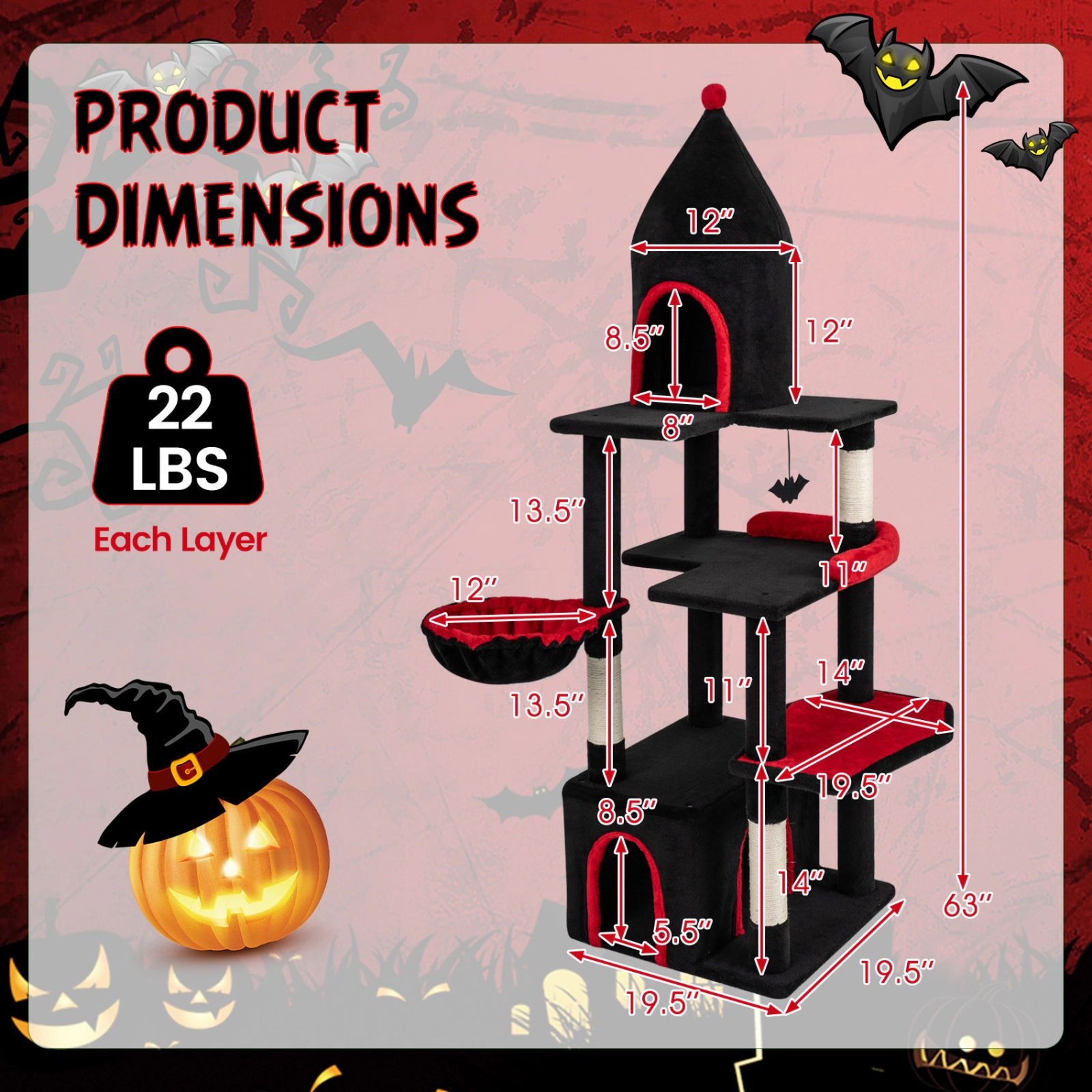 SUGIFT Black 63 in Top Cave Condo for Large Cats 20 lb Plus Gothic Cat Tree