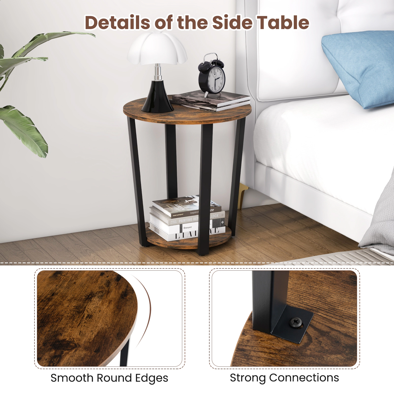 Glintex 2-Tier Round End Table with Removable Tray Shelf and Iron Frame, Brown