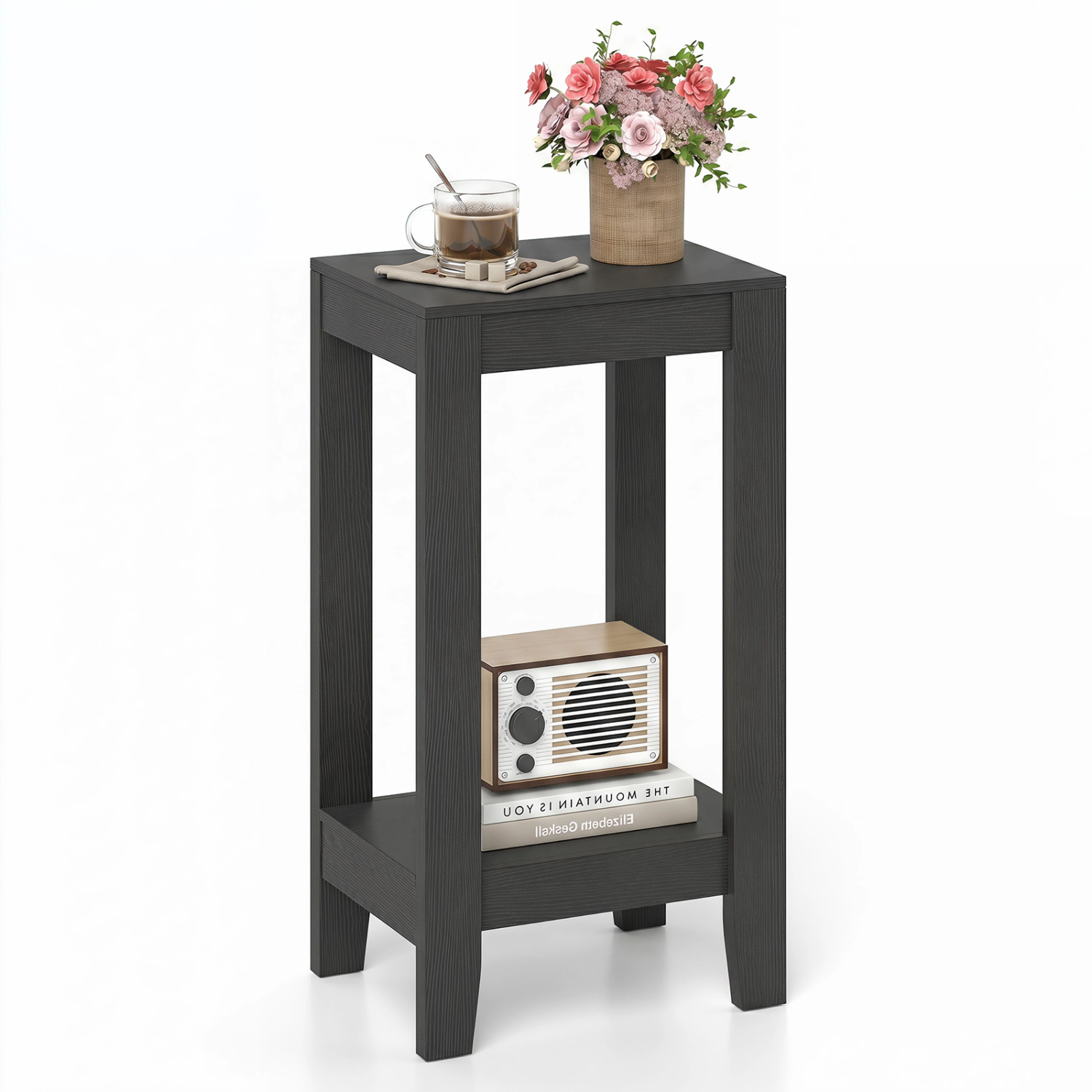 Glintex Tall 2-Tier Wood End Table with Open Storage Shelf and Solid Legs