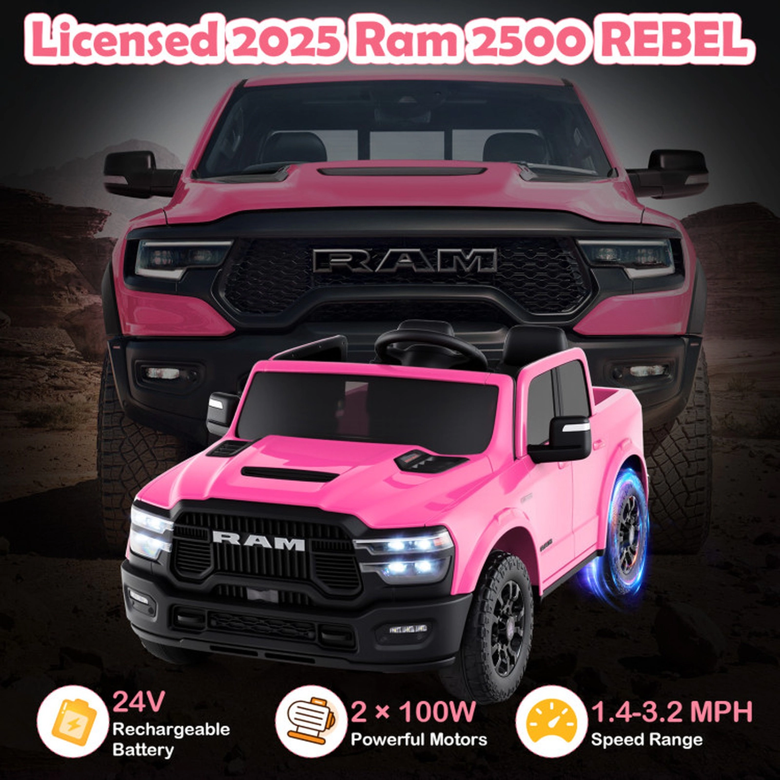 SUGIFT Pink Remote Control and Music 24V 2-Seater Licensed Ram Big Kids Ride On Truck