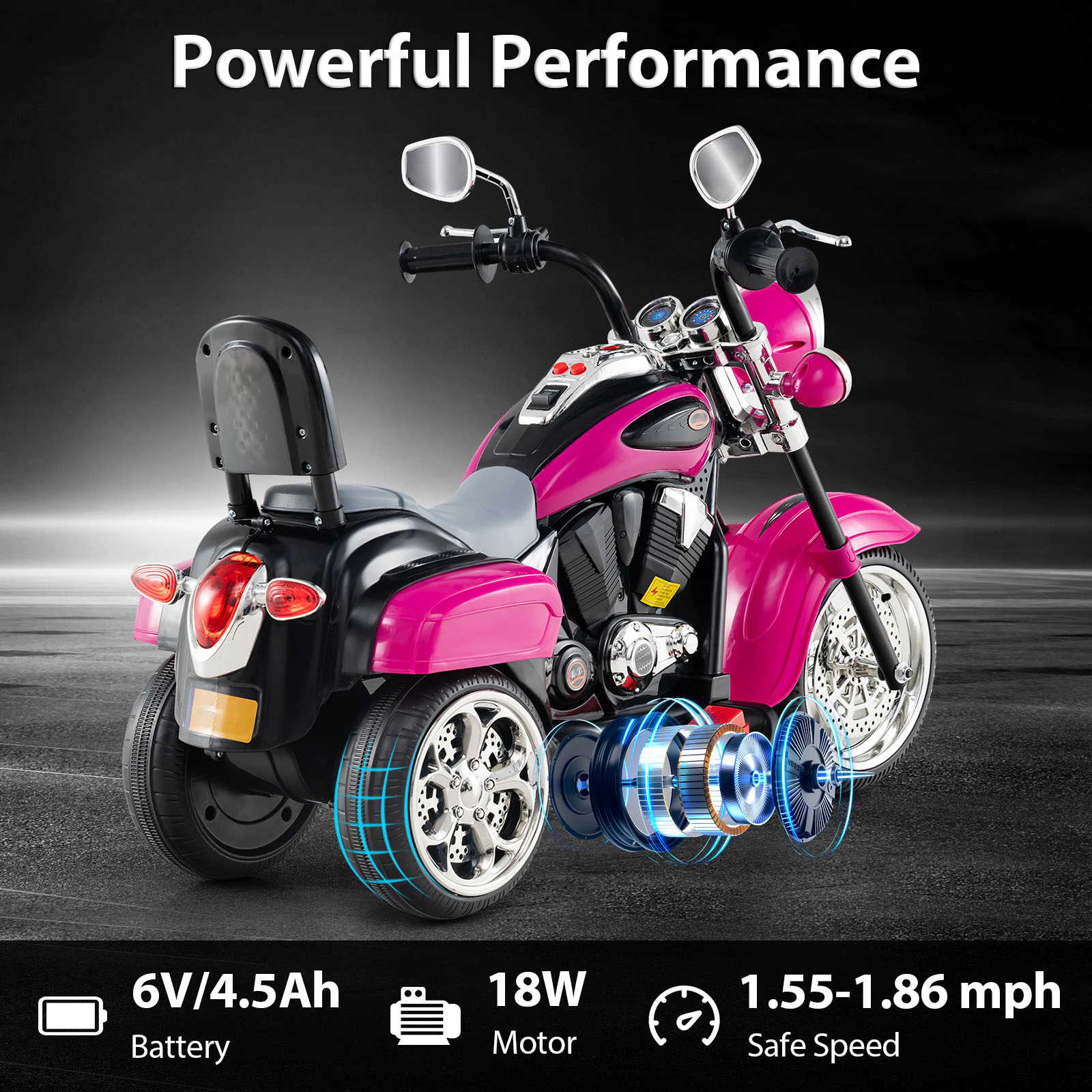 SUGIFT 6V Powered Toddler 3-Wheel Motorbike Ride On Toy with Horn and Headlight 66-lb Capacity Ages 3+ Hot Pink