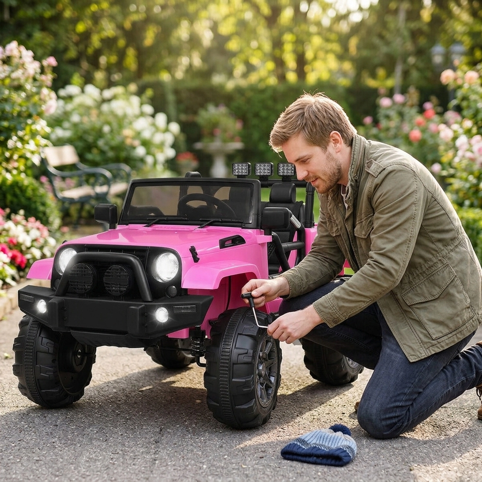12V Kids Electric Car Ride On Truck Parent Remote Magnetic Door Locks Spring Suspension and LED Lights Ages 3-7 Pink