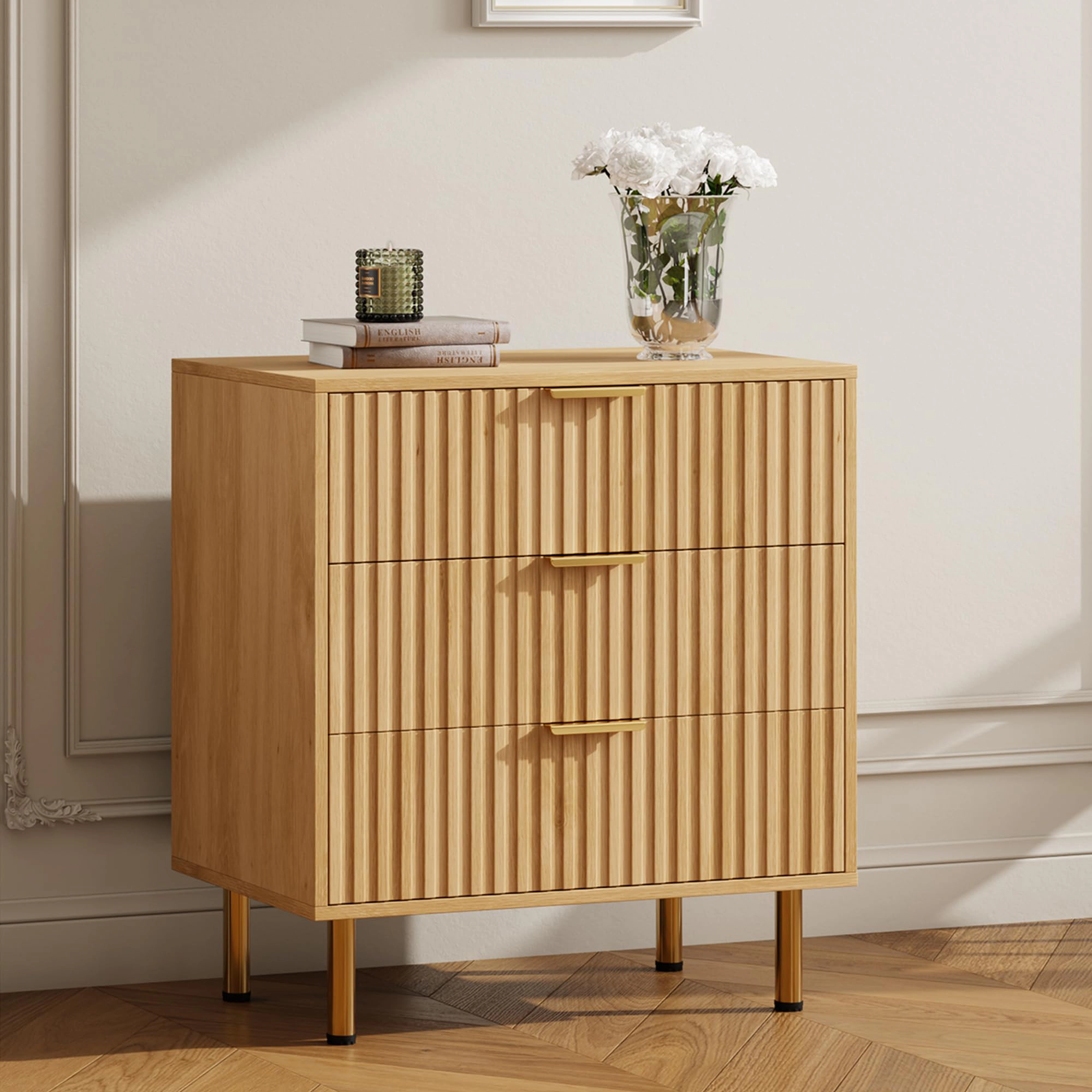 Fluted 3 Drawer Dresser Nightstand, Wooden Storage Side Table for Bedroom Living Room Hallway
