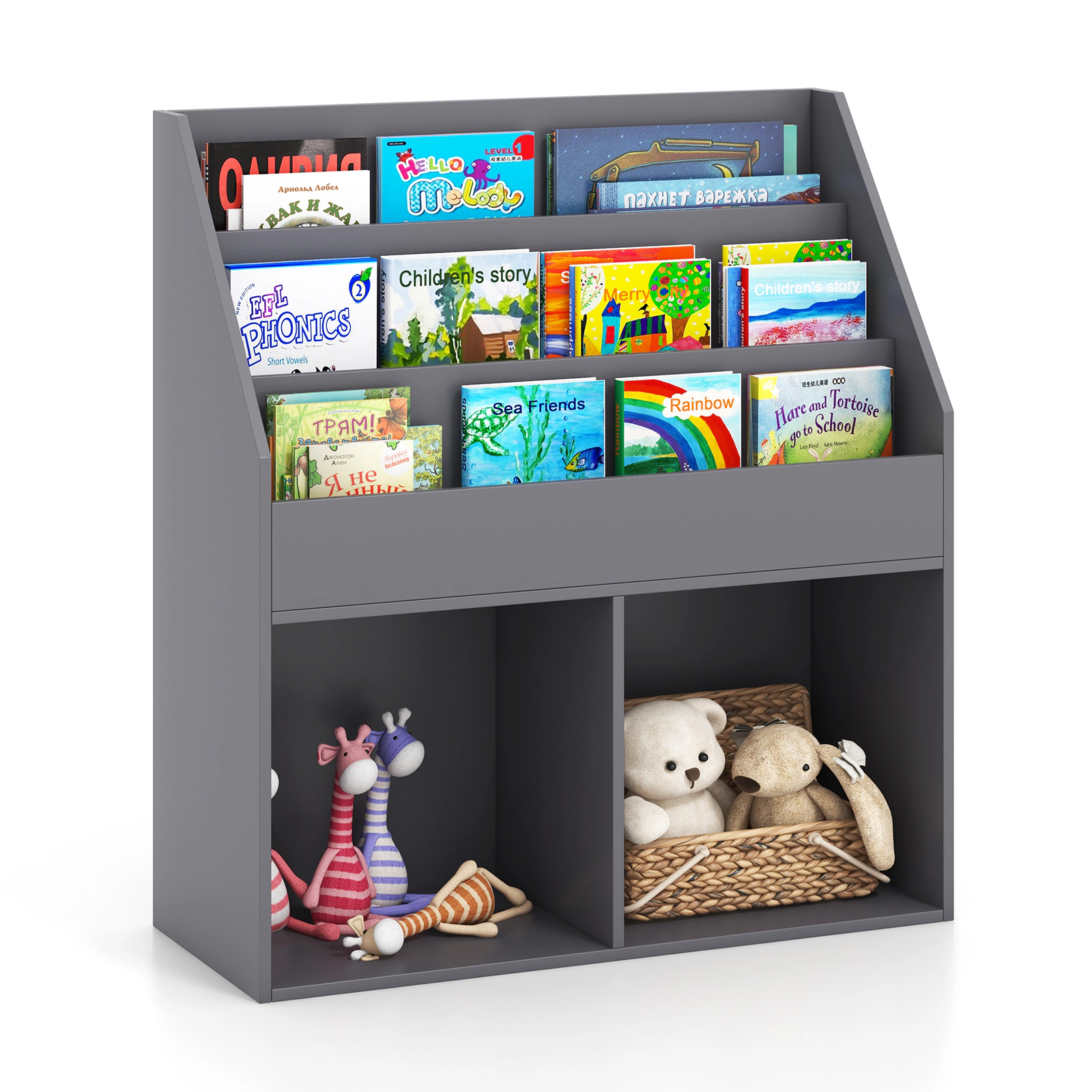 SUGIFT Kids Tiered Book Display Wide Lower Shelves Wooden Storage Bookcase 29-in x 12-in x 32-in 33-lb Shelf Gray