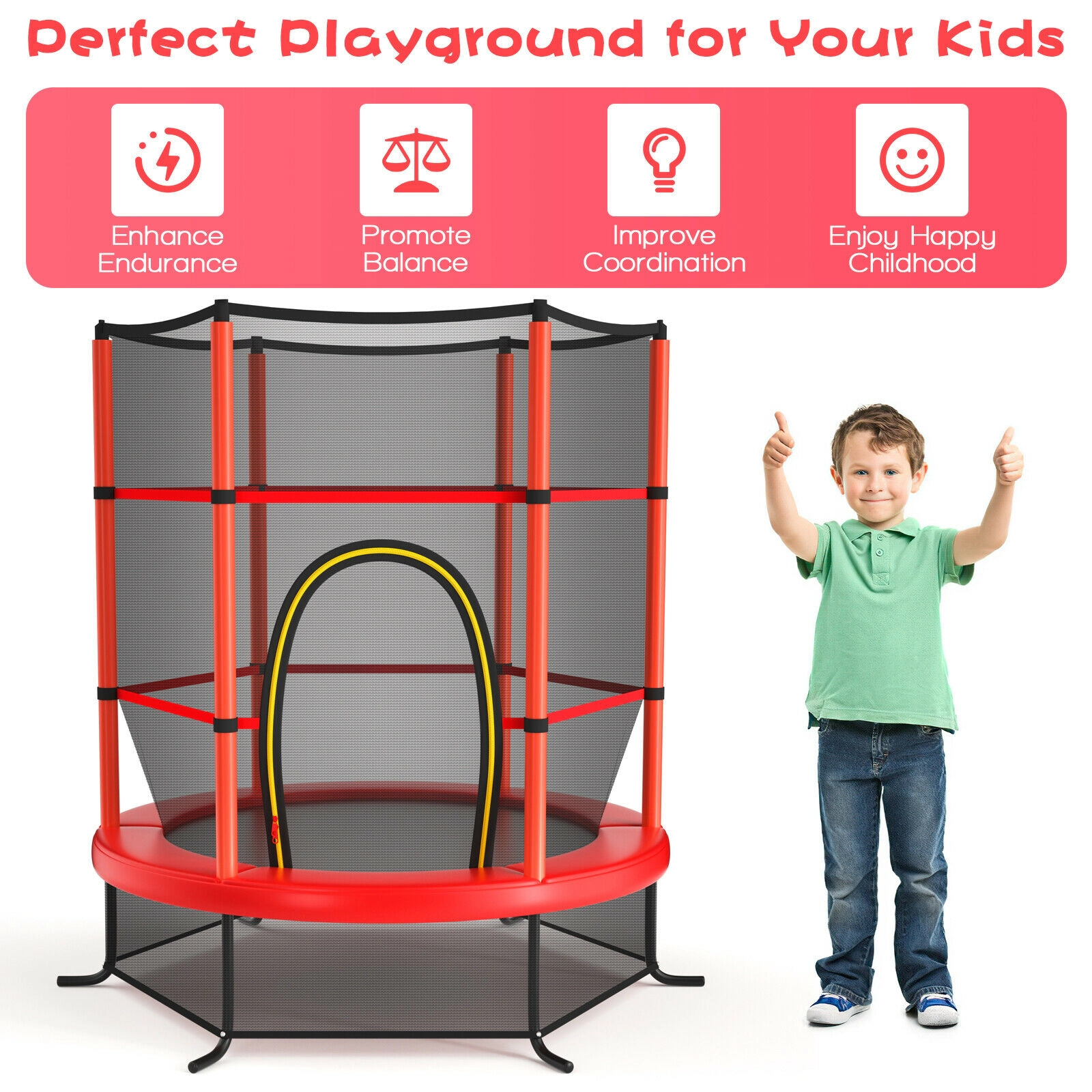 SUGIFT Kids Recreational Trampoline with Enclosure Net 300-lb Capacity 65 x 65 x 65 in Frame 30 Tension Ropes Red