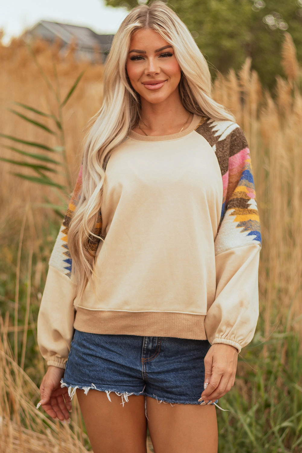 Threaded Pear Women's Logan Aztec Patchwork Raglan Pullover Sweatshirt