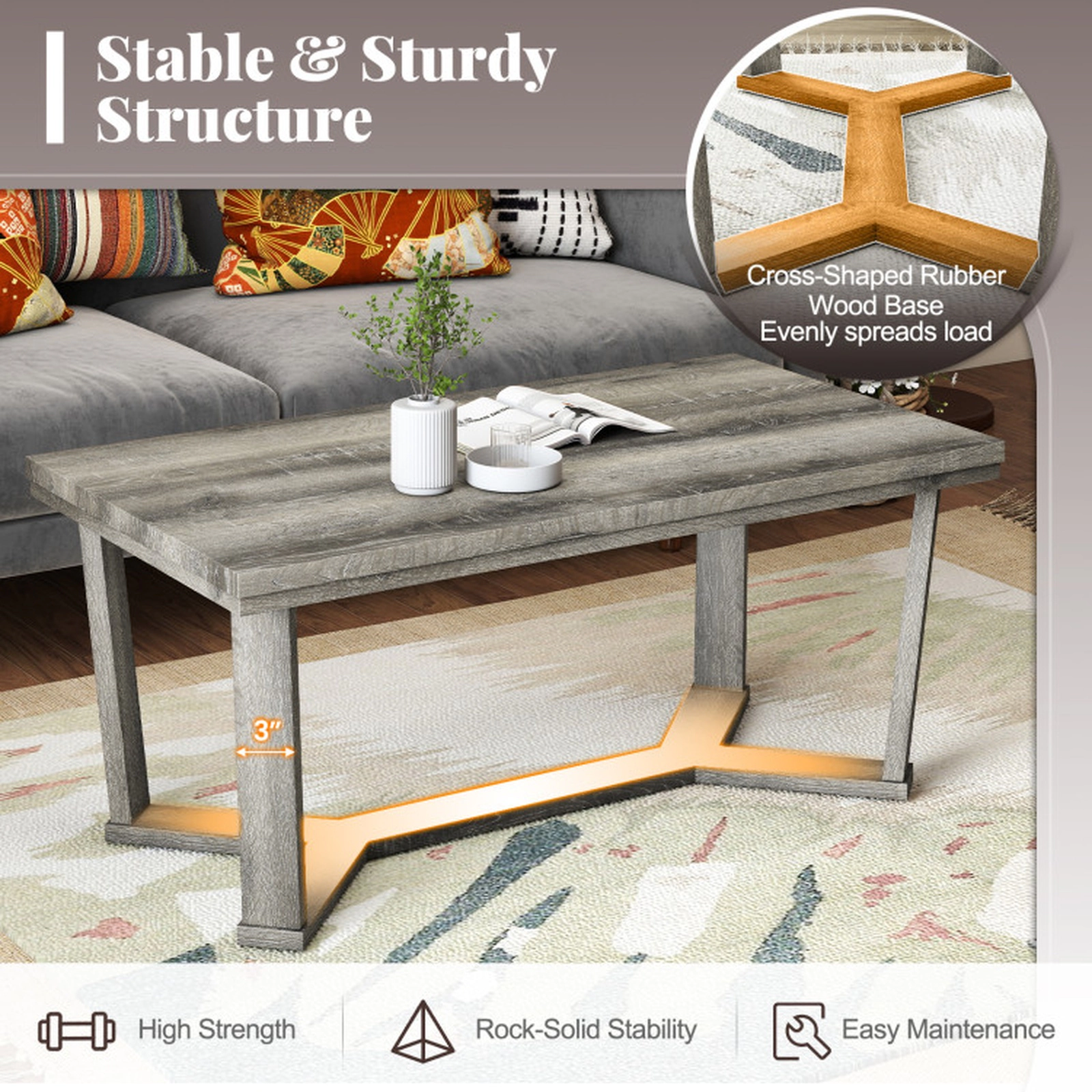 SUGIFT 44-in 250-lb Capacity Gray Rubber Wood Rectangle Coffee Table with Cross-Shaped Base and 3-in Legs
