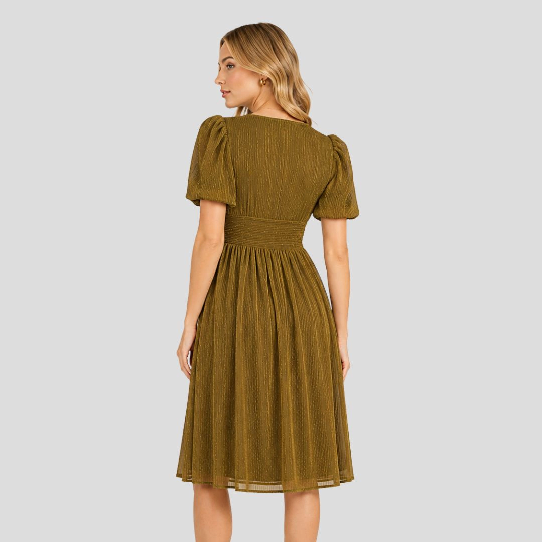 Artyska Women’s Shimmer V-Neck Puff Sleeve Midi Dress
