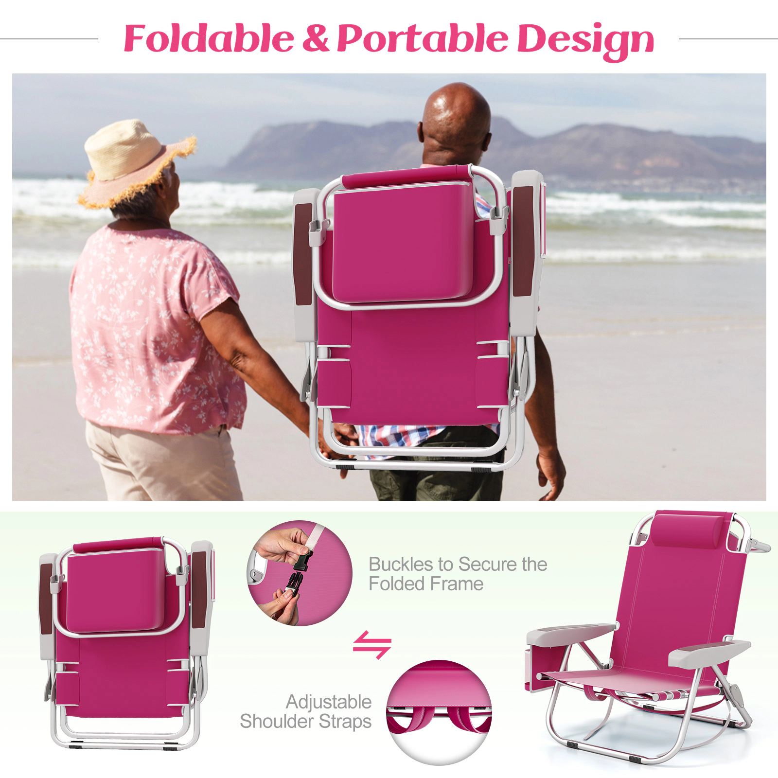 SUGIFT 5-Position Foldable Backpack Beach Chair with Cup Holder and Storage Pockets 330-lb Capacity Set of 2 Pink