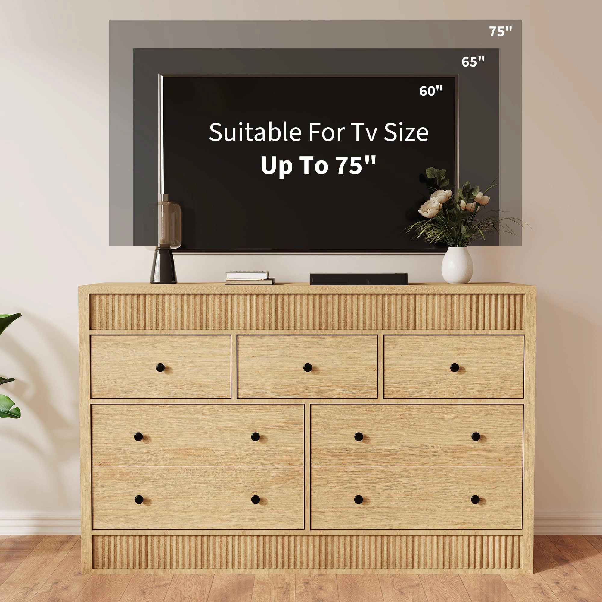 Fluted 7 Drawer Wooden Dresser, 54" Wide Modern Storage Chest for Bedroom or Living Room