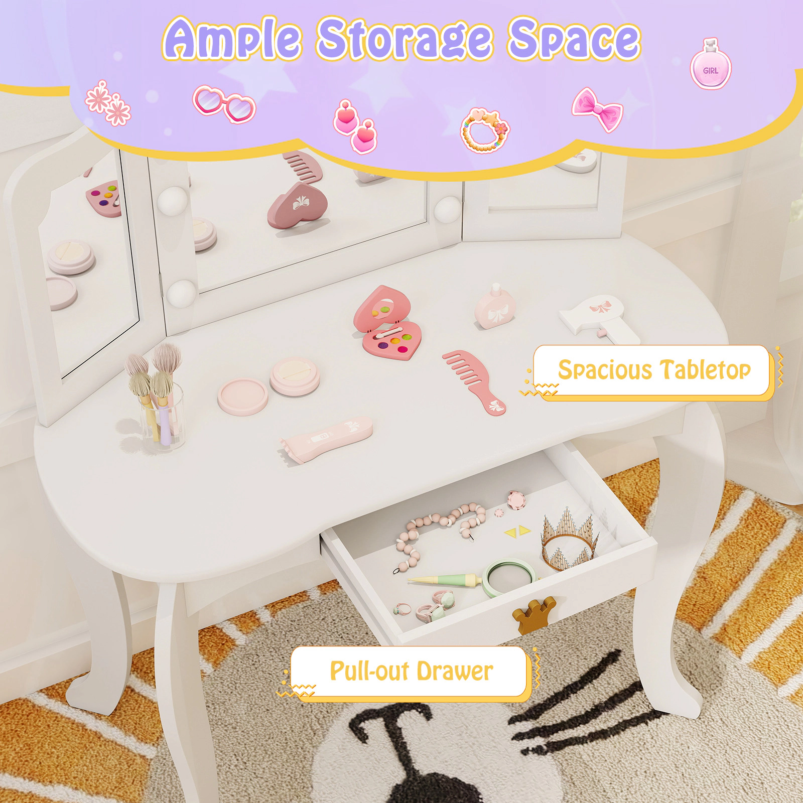 SUGIFT White Tri-Fold Lighted Mirror Detachable Top and Stool Kids Vanity Set