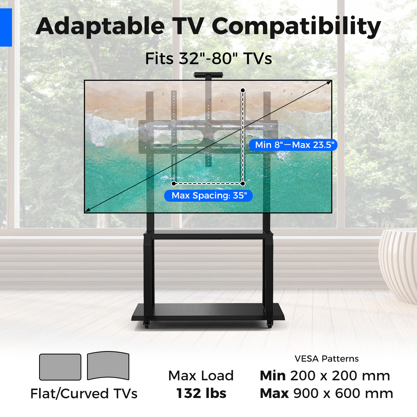 SUGIFT Mobile TV Stand for 32-80 in TVs, 2-Tier AV Cart with Camera Shelf and Locking Casters