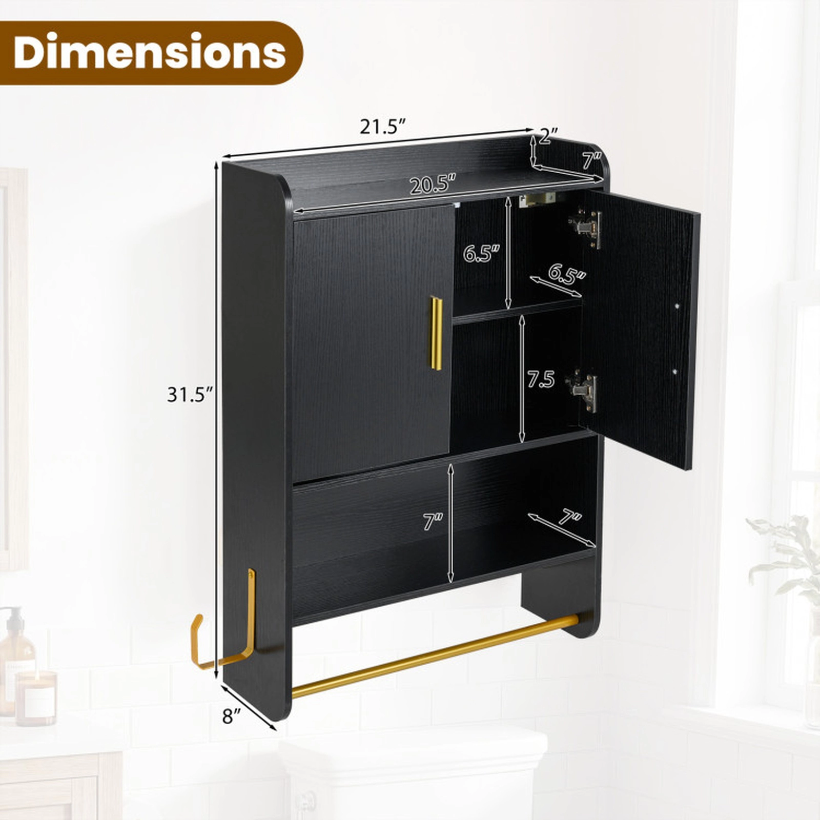 SUGIFT 2-Door Double Towel Bars Side Hook Engineered Wood Medicine Cabinet 21.5-in x 8-in x 31.5-in 44-lb Top Black