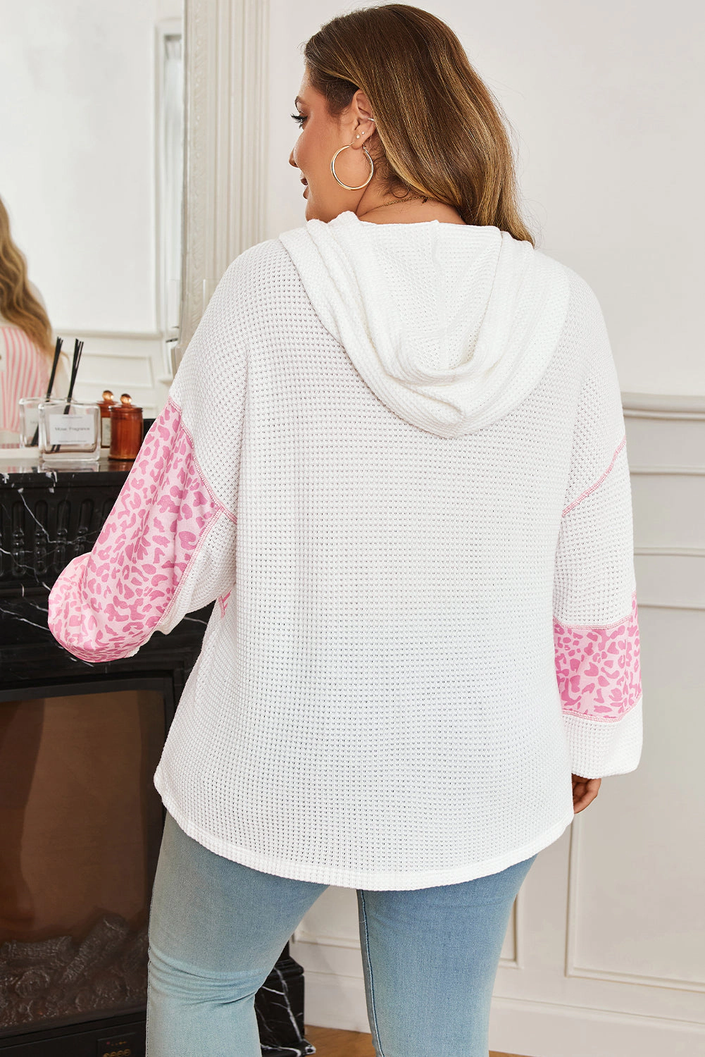 Threaded Pear Women's Pink Stripe Leopard Patchwork Waffle Knit Buttoned Plus Hoodie