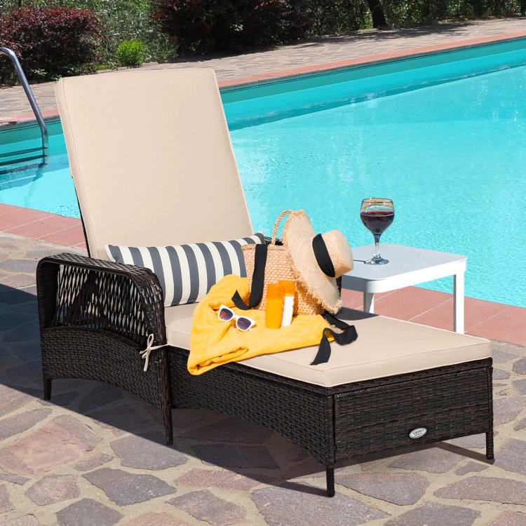 Hivvago Outdoor Patio Wicker Chaise Lounge Chair with Adjustable Backrest and Pillow