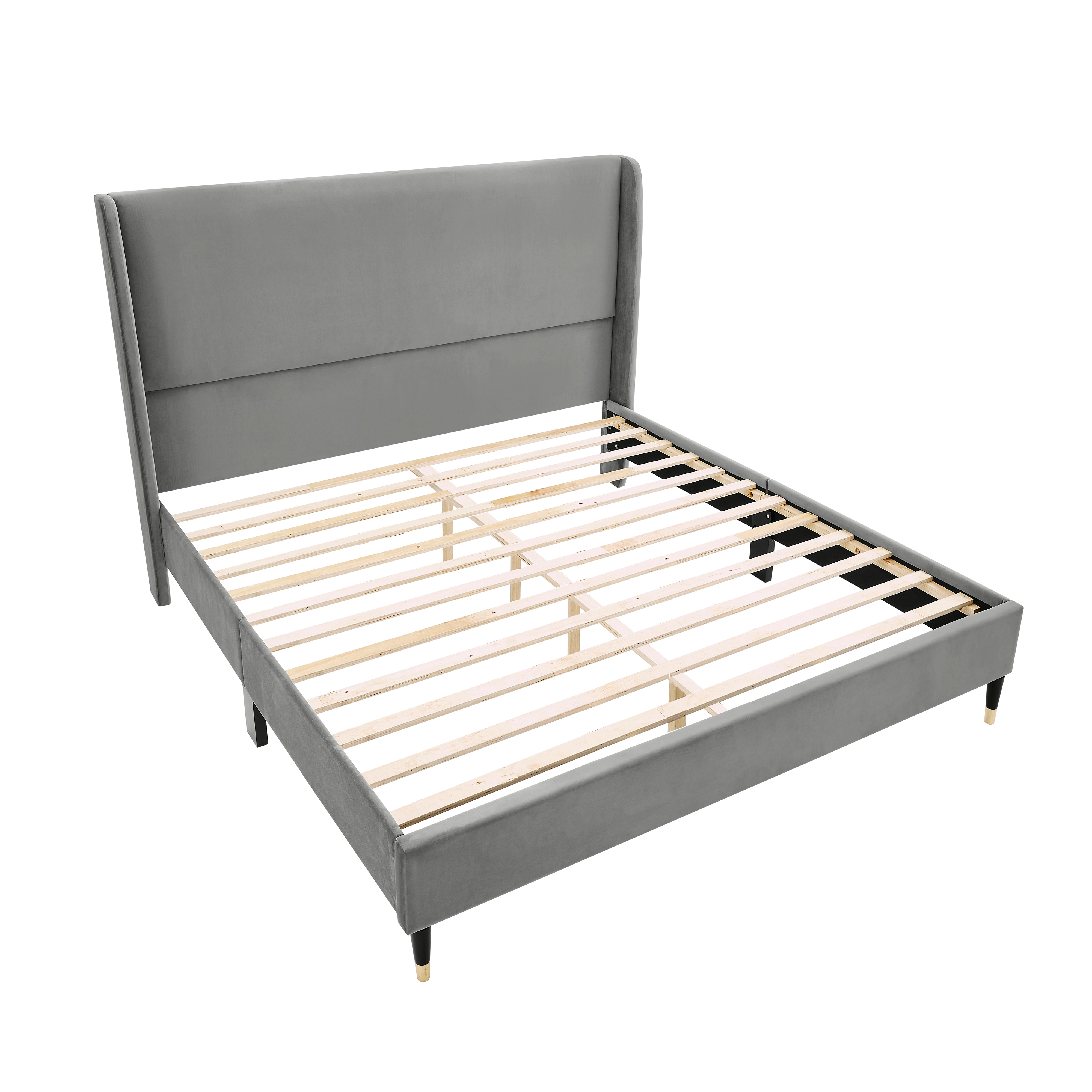 Flynama Rozitta Queen Velvet Wingback Platform Bed, Gray