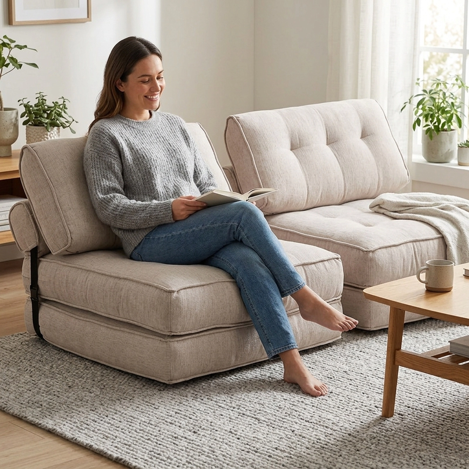 SUGIFT 3-in-1 Folding Chenille Accent Chair Sofa Lounger and Convertible Bed Set of 2 352-lb Capacity Beige
