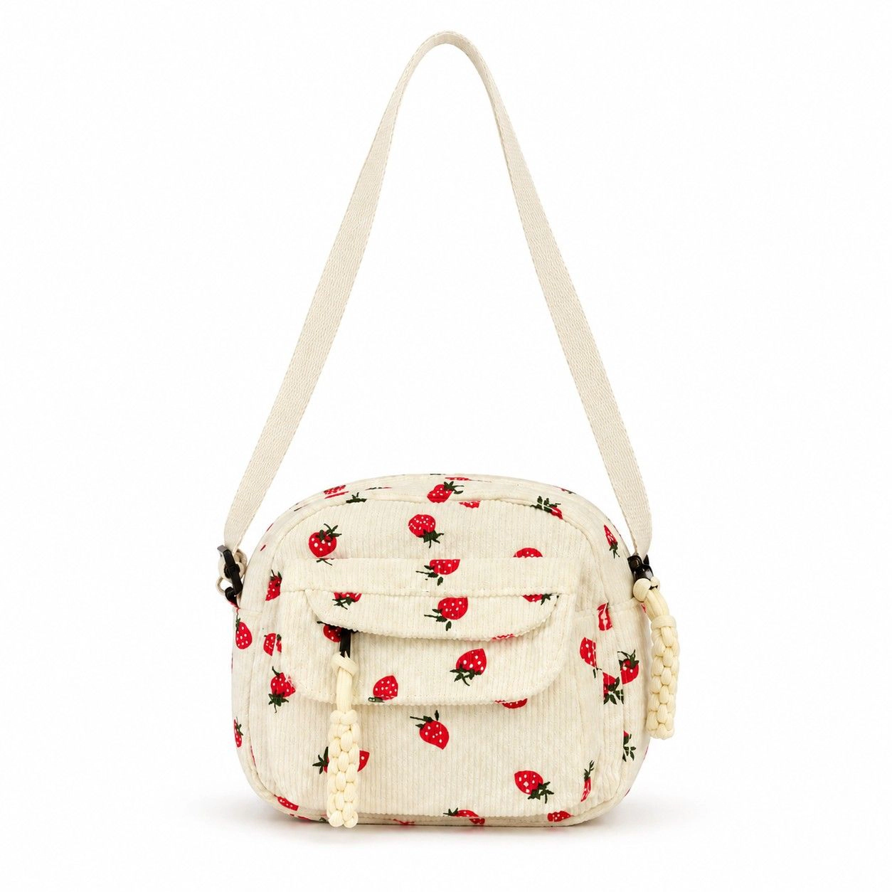 Alilang Women's Strawberry Print Corduroy Crossbody Bag with Front Pocket and Adjustable Strap, Ivory