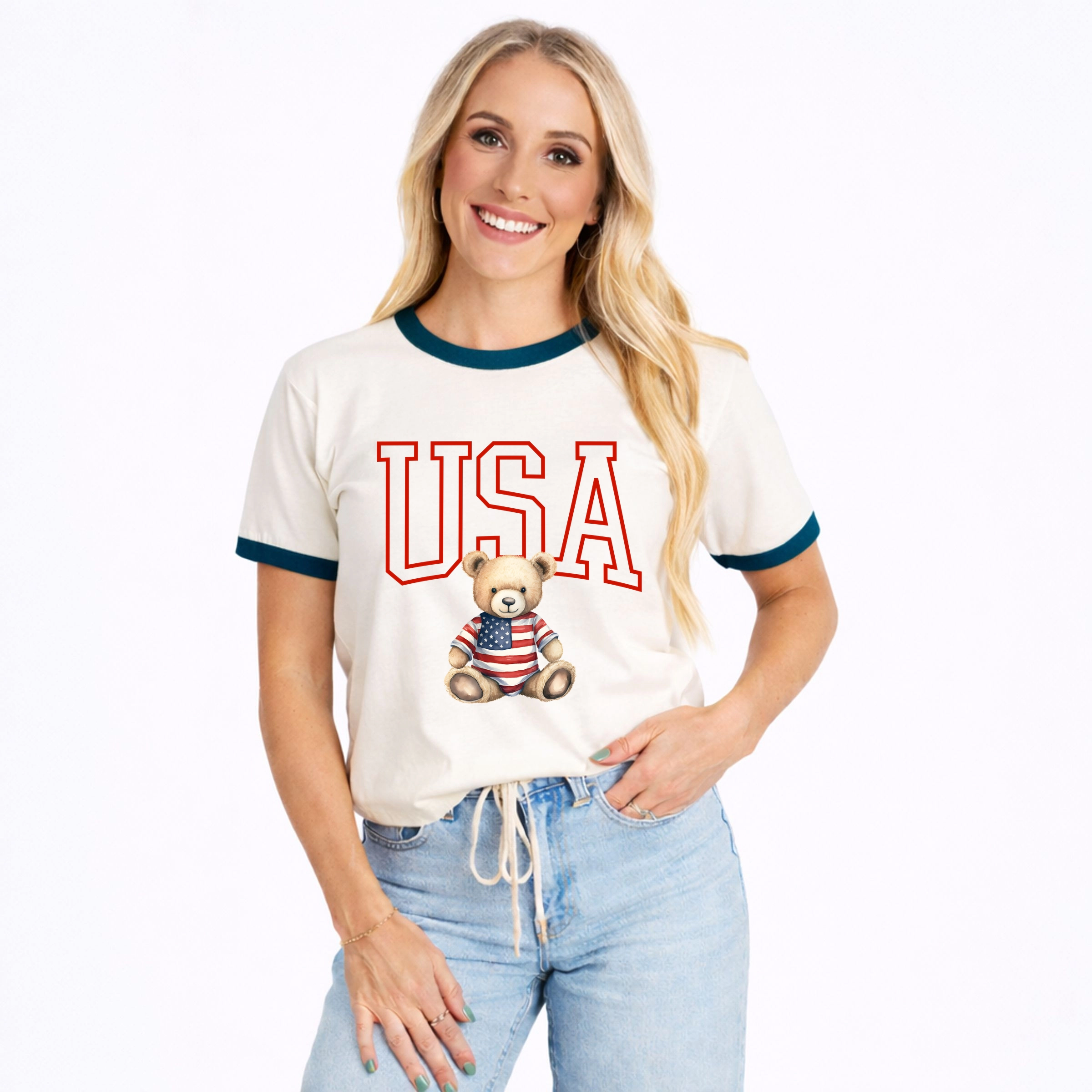 Simply Sage Market - USA Bear Women's Ringer Graphic T-Shirt