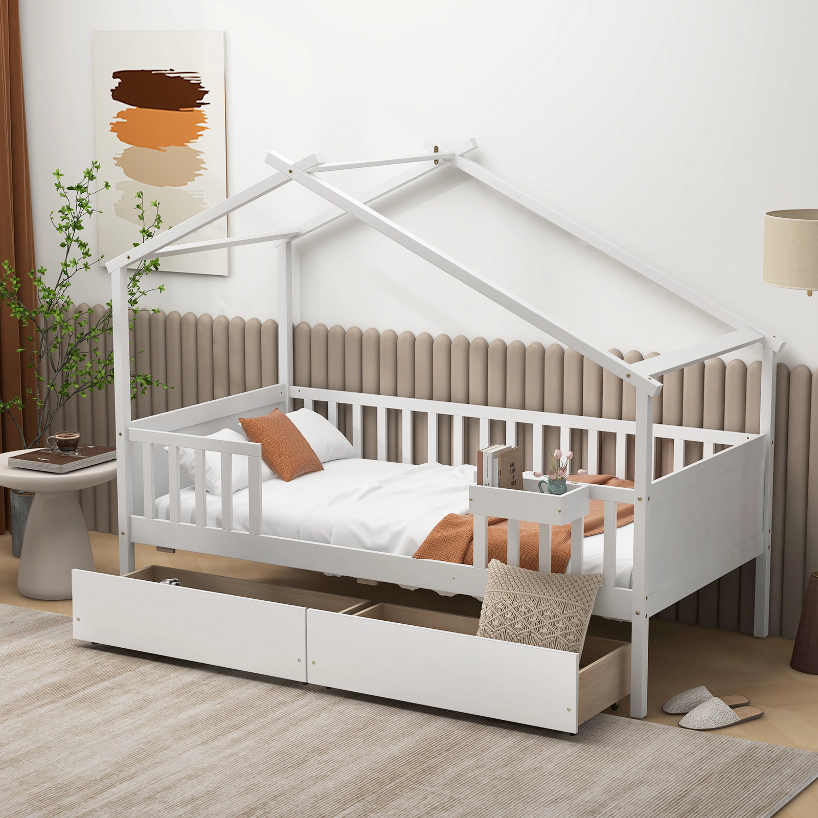 SUGIFT House-Shaped Twin Bed Frame with Roof and Fence Rails 200-lb Capacity with 2 Storage Drawers White