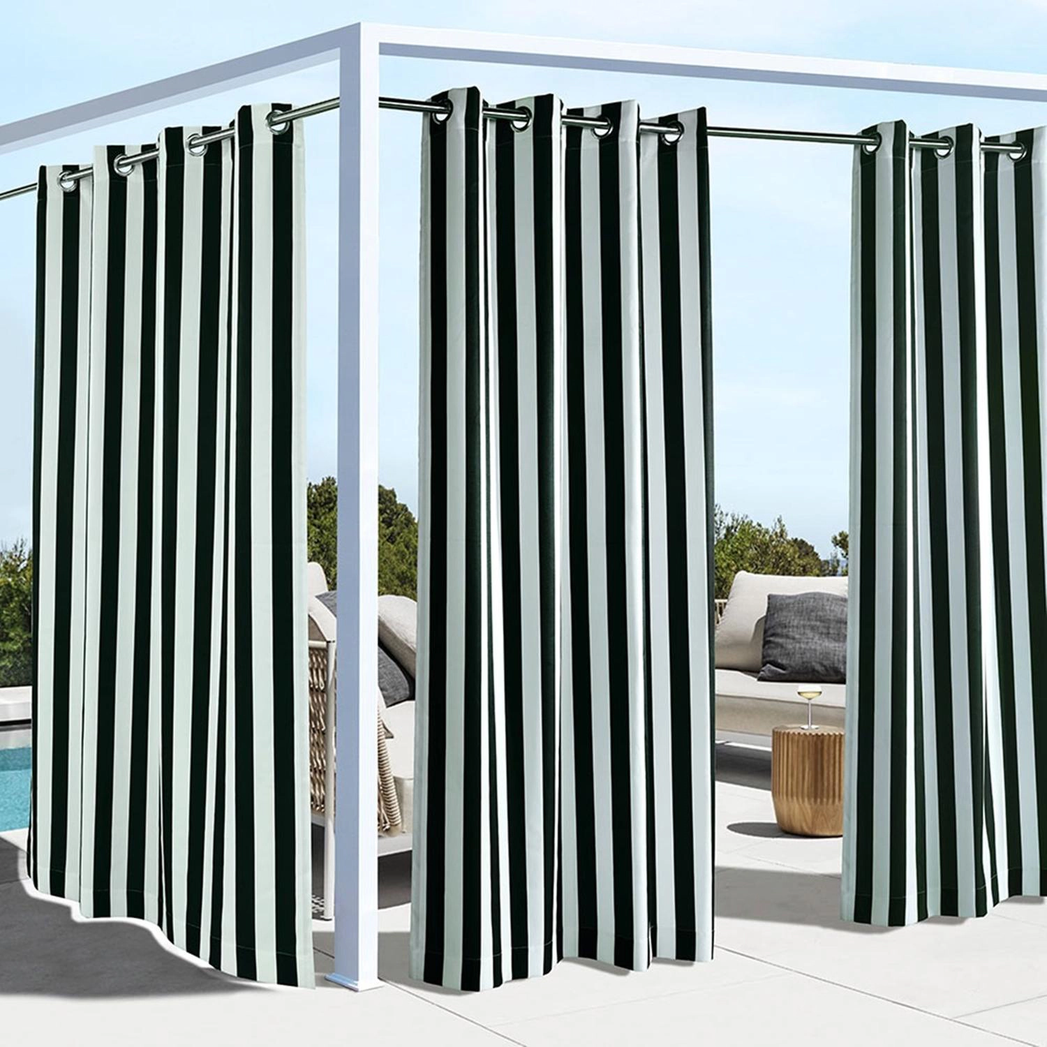 Commonwealth Outdoor Decor Coastal Stripe UV Protected Printed Top Panel With 8 Metal Grommets - 50"x84" - Black