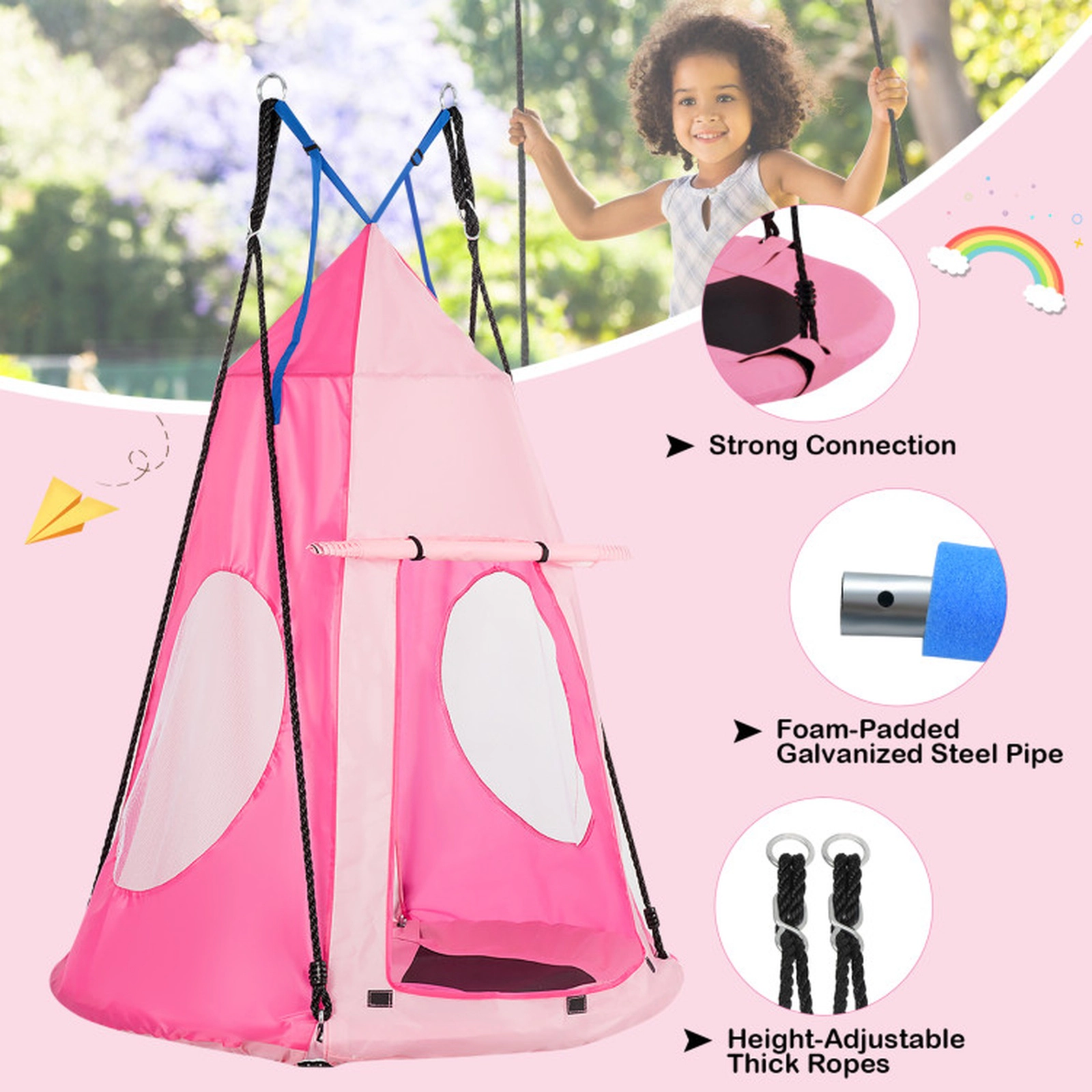 SUGIFT 2-in-1 40-in Kids Hanging Chair Swing Tent Set 330-lb Capacity Outdoor Play Set Pink Shown in the Picture