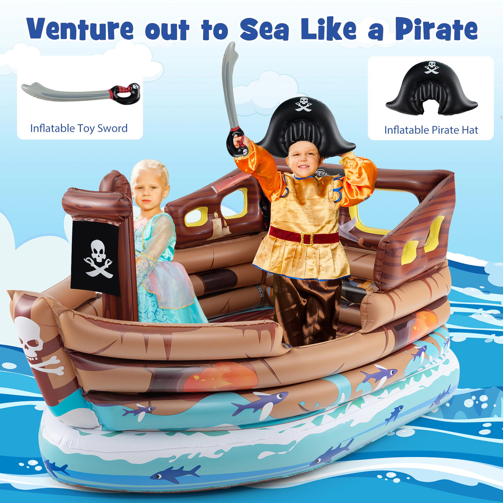 SUGIFT Brown Built-in Motor Toy Sword and Pirate Hat Kids Inflatable Pirate Ship Playhouse