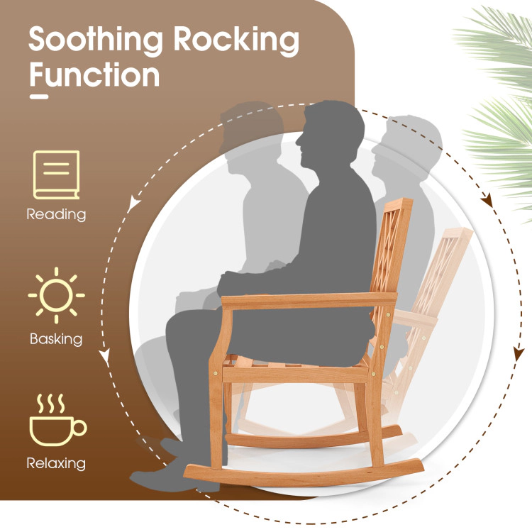 SUGIFT Soothing Teak Wood Outdoor Rocking Chair with Backrest and Slatted Seat 400-lb Capacity 32-in Frame Brown